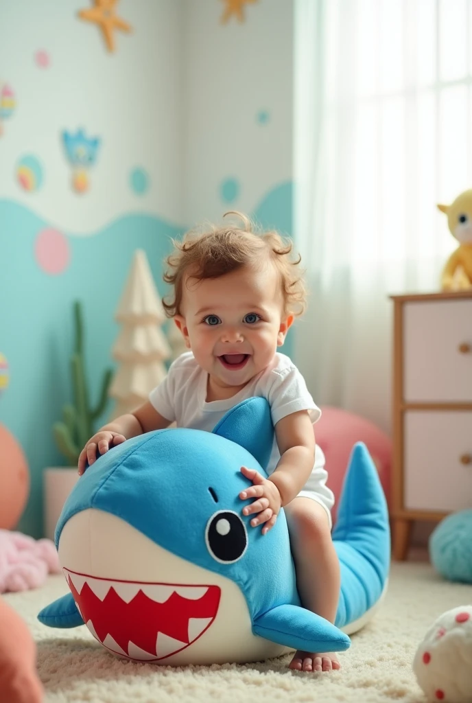 A baby girl are seating on baby shark