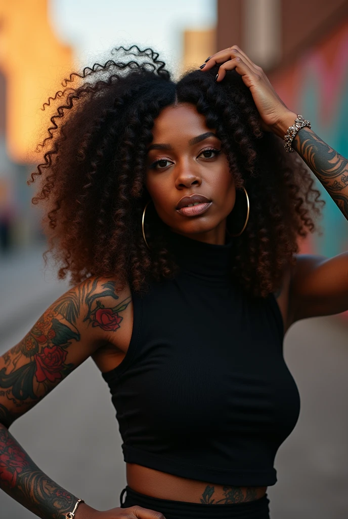 black girl with shoulder length curly hair and tattoos, wearing a black turtleneck.
