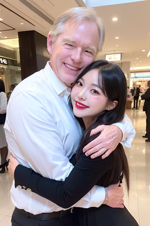 (((70 years old white man and young korean beautiful girl))), {1 girl strikingly beautiful, black hair, big breasts, delicate facial features, red lips, expressive eyes, Korean, ultrarealistic, fullbody, 20 year old woman, girl, thin, big open saggy breast, freckles:0.3, shoulder legth wavey hair, an A pretty girl wearing the bow tie and pleated skirt and pretty glamour,} (((70 years old white man wearing business suit))), (((((70 years old white man hug young girl and laughing)))), (((young girl hugging 70 years old white man))), in the mall