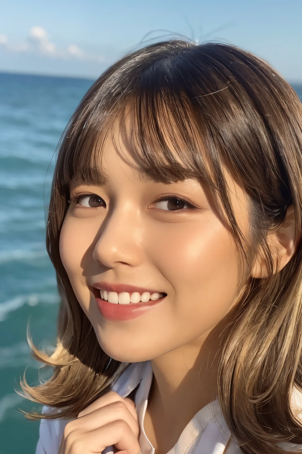 realistic, photogenic, with the sea in the background, wearing school uniform, the top button of the upper cloth is open, a little exposed at chest, skirt is short and just reaching above the thighs, middle-length hair, hair color mixes bronde and brown, hair is blowing in the wind, hair is shaggy and dishevelled, very sunburned and tanned skin, medium build a little bit chubbily figure, exposed widely at chest, heavy and vivid makeup, small mouth, small nose, smooth shaped jawline, glossy face, heavy flushed cheeks, big smile while open mouth, looks like having a great time, easing someone, detailed eyes, slanted eyebrows, detailed lips, photorealistic, highly detailed, 8k, best quality, masterpiece, vibrant colors, dramatic lighting, cinematic composition, digital art