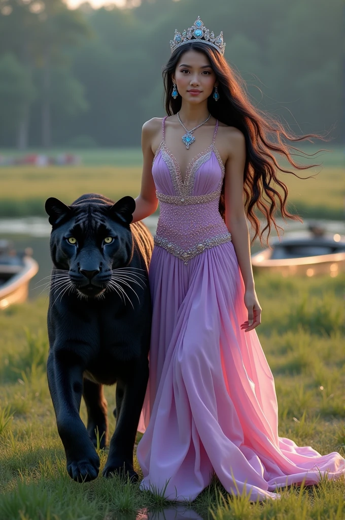 full lenght Full-body picture of a beautiful, sweet, and gentle young woman, 20 years old, wearing a light purple Thai dress with pink sparkles, a pink sarong with gold trim, a white and gold-sparkling shoulder cloth, wearing sparkling blue jewelry, long, flowing black hair, wearing a crown, tied loosely. A very large, magnificent black jaguar, emerald green eyes, walking beside, with the light of boats following their bodies. A small grass field with large and small pools, scattered throughout, sparkling light. 3D image, oil painting, sharp image, art image of Professor Chalermchai