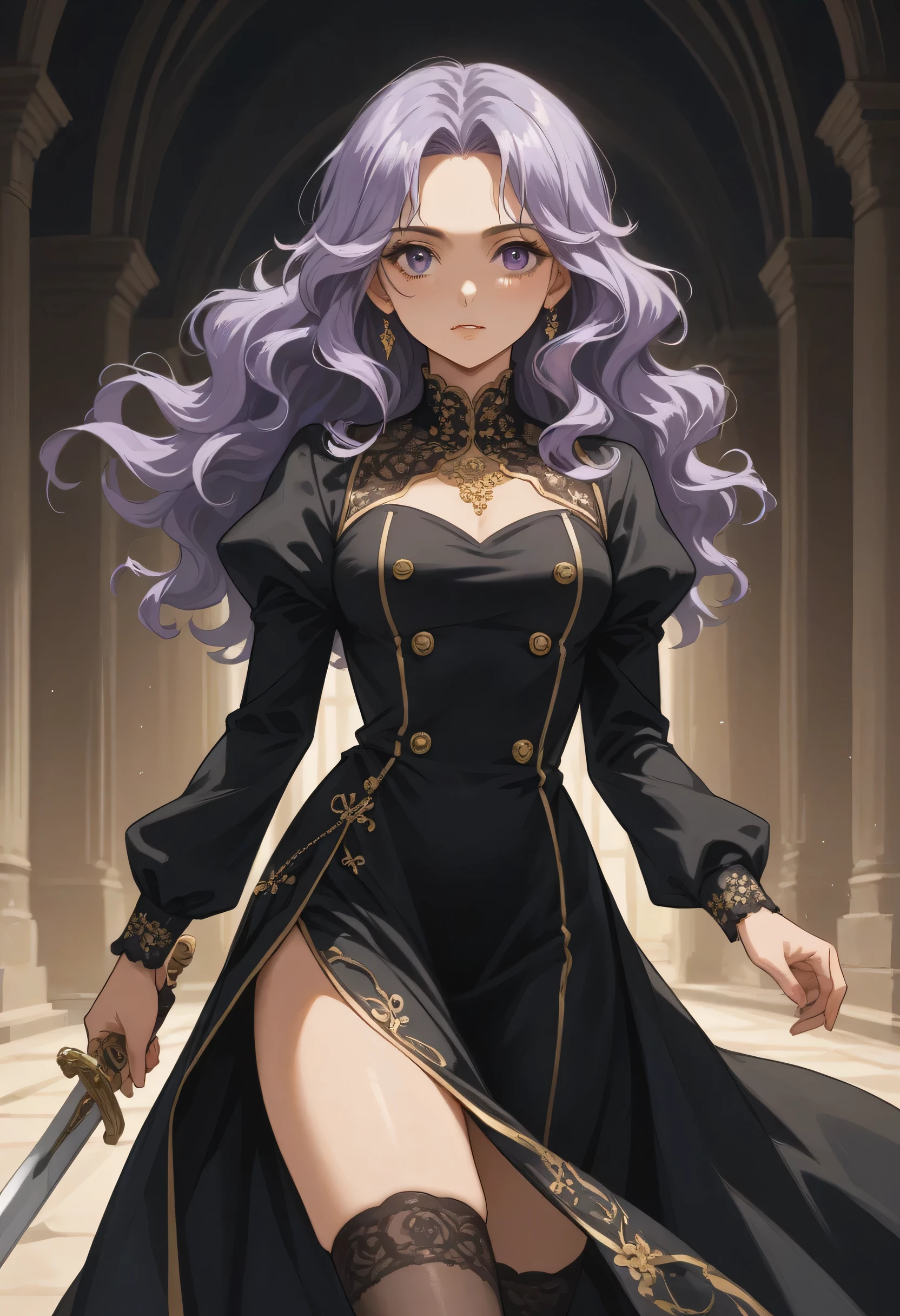 a beautiful 21-year-old girl with waist-length light purple hair and wavy hair, long hair, a sword in a gold and white scabbard attached to her waist, and a black dress with intricate designs. The dress has a high collar and an elaborate lace pattern on the chest, giving it a sophisticated and elegant look. The sleeves are long and puffed, with a tighter fit at the wrists. The dress is fitted at the waist with several gold buttons running down the front, and a black high-waisted skirt, emphasizing the character's hourglass figure, The lower part of the dress has a high slit on one side, revealing the top of her thigh-high stockings, which have a lace pattern at the top. tempting slight cleavage