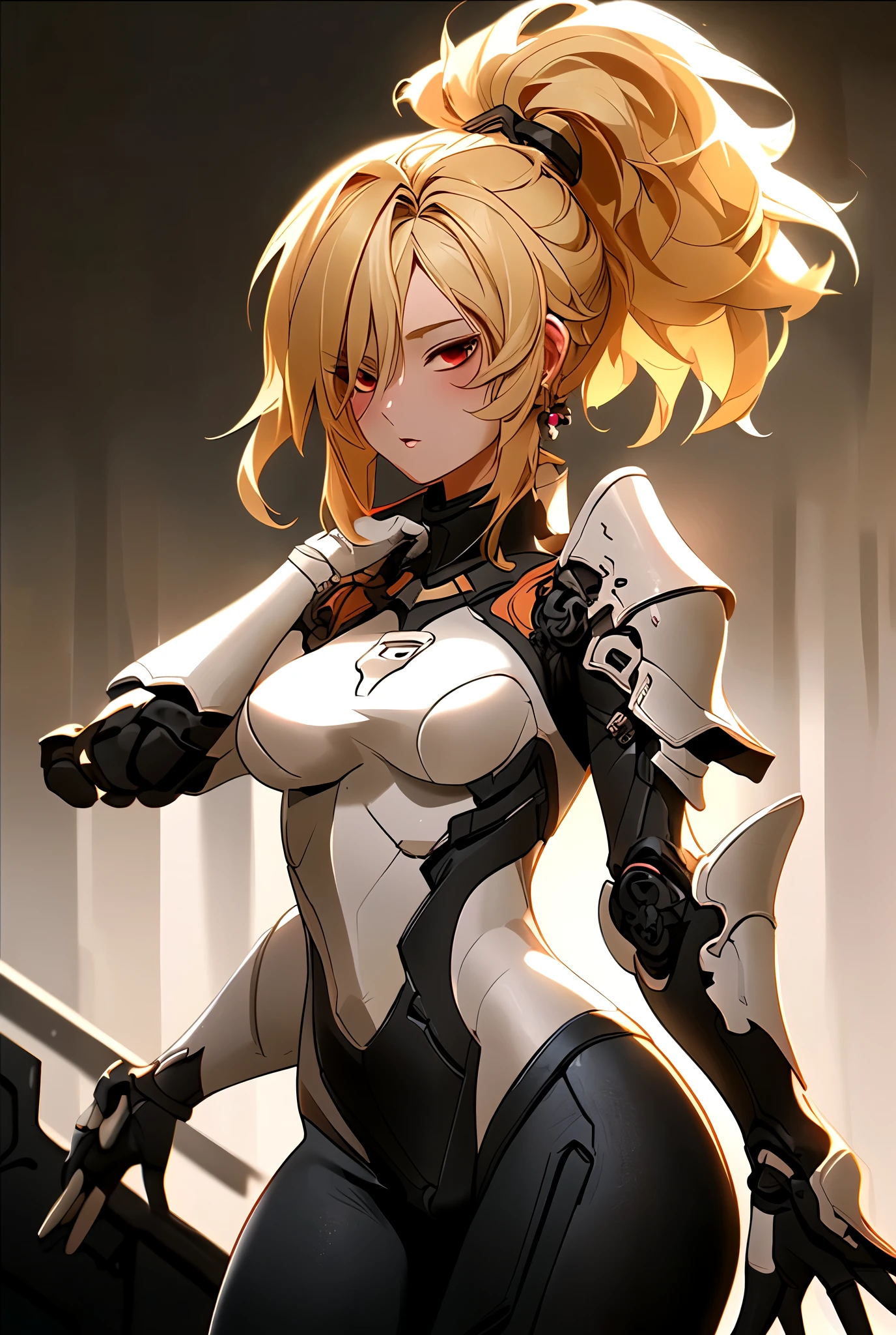 ((best quality)), ((Masterpiece)), (details:1.4), 3d, HDR (high dynamic range), amature woman, Blonde hair, High ponytail, Red eyes, hips up จมูกโด่ง, ปากแดง, หน้าอกใหญ่, nvidia RTX, PBR surface, After processing, Anisotropic filtration,depth of field, Maximum clarity and clarity, multi-layered surface, Subsurface scattering, perfect proportions, 8K raw files, ความละเอียดสุดยอด, Unreal 5, Perfect proportions, Octane Render, Two-tone lighting, Wide aperture, Low ISO, Holy Knight, Heavy Red armor, jewely, ต่างหู
