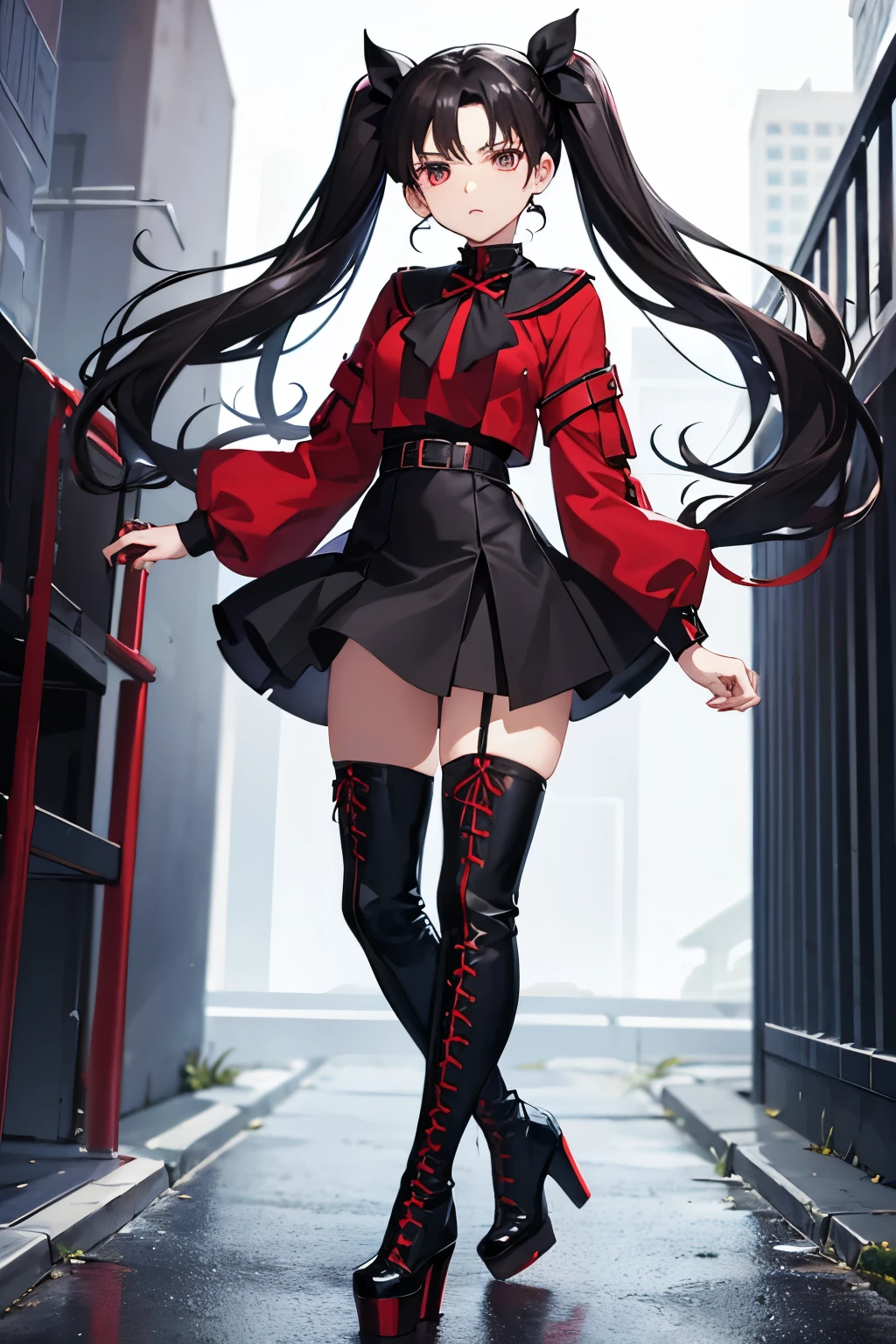 rin tohsaka, thigh high boots, platform boots, girl, black hair, twin tails, high heels, lace up boots, city, skirt