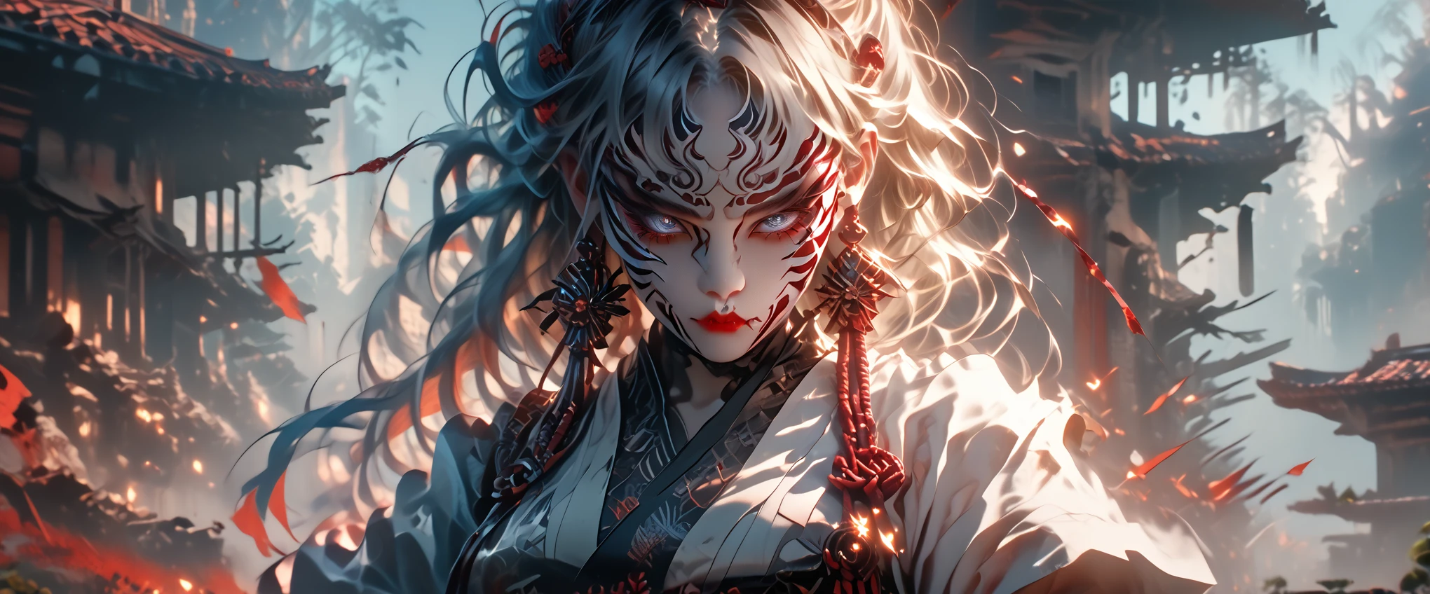 Girl 1, hkwarrior, holding a katana in his hand, Katana Emits a Blue Glow Sharp, beautiful figure, Samurai, Belt of Ropes Interwoven, Light armor, There is an Oni mask hanging on the Belt, Bright Lilac Eyes, long hair, hair of two colors (Red and Series), develop in the wind, Background Ancient Ruins, The Broken Column, Tower, Clear drawing of details, All according to the Author, The Brightest Colors, Fantasy, cinematic film still, score_9, score_8_up,score_7_up, dramatic lighting, highly detailed, high budget,bokeh, cinemascope, epic, gorgeous, film grain, grainy,masterpiece, best quality, perfect anatomy, very aesthetic, official art, 8k, the full picture, full length, Wide Grip,