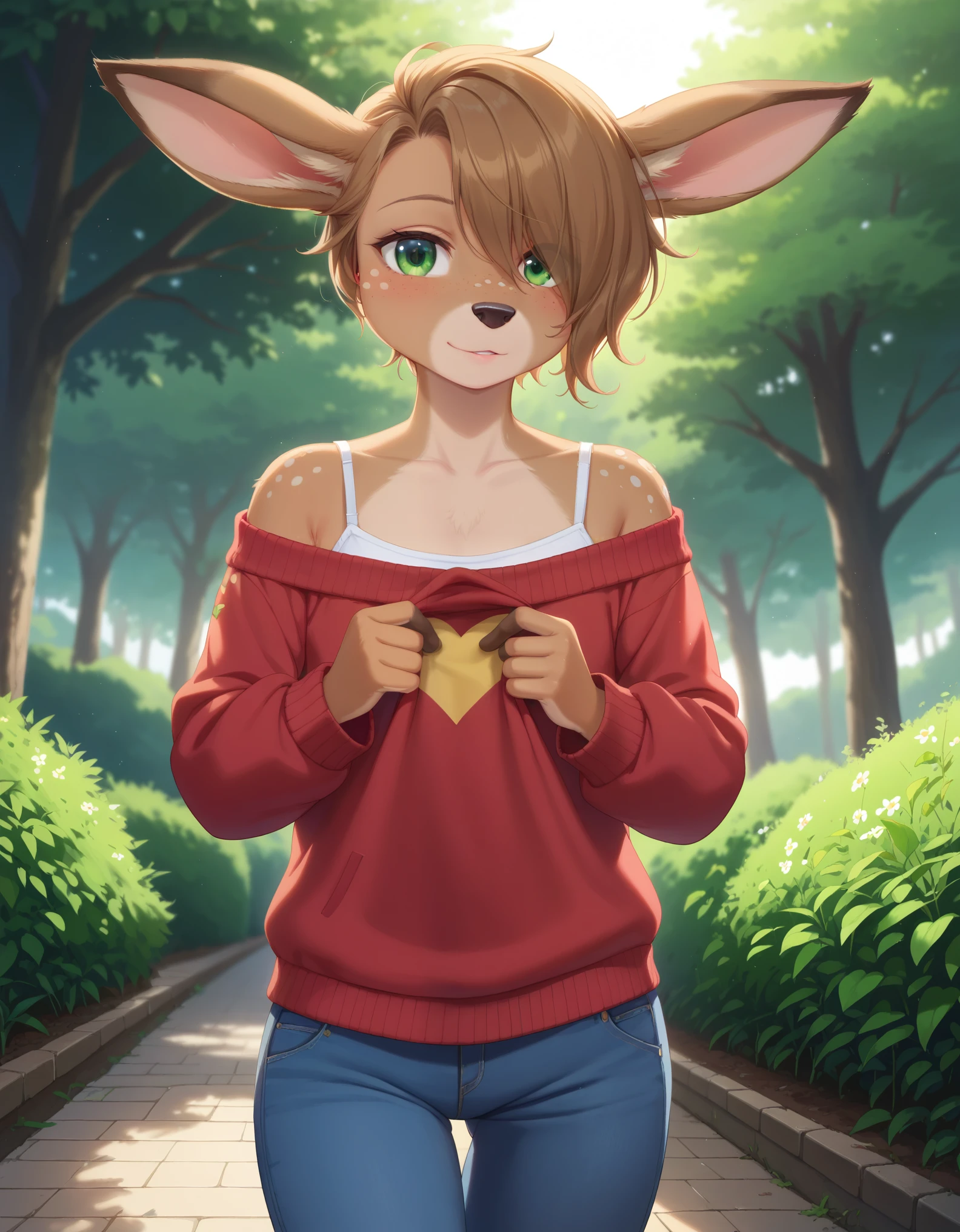 Solo, 1girl, female, lotte, deer girl, furry female, body fur, animal nose, snout, animal ears, green eyes, brown hair, short hair, freckles, cute face, perfect anatomy, detailed skin, detailed eyes, perfect hands, perfect face, flat chest, hair over one eye, BREAK sweater, long sleeves, off-shoulder shirt, pants, BREAK outdoors, park, colorful, sunset, looking at viewer, dutch angle, BREAK ((ultra-detailed)), ((best quality)), ((best quality)), ((beautiful eyes)), ((extremely detailed)), 4K, (8K), best quality, (beautiful), Master piece, highres, score_9, score_8_up, score_7_up, colorful, best quality, official art, highres, masterpiece, nai3, god light, detailed background, high quality background, very aesthetic, absurdres, 