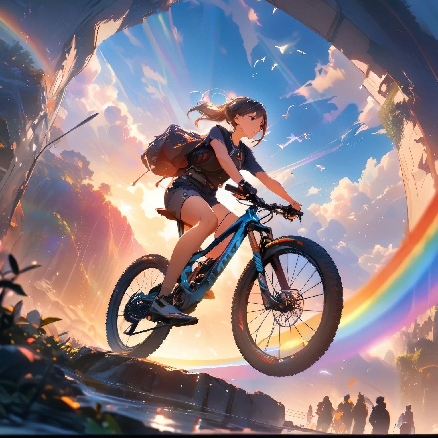 (best quality,8k,highres, masterpiece:1.2), ultra-detailed, HDR, UHD, studio lighting, ultra-fine painting, sharp focus, physically-based rendering, extreme detail description, professional, vivid colors, bokeh, portraits, concept artists, warm color palette, dramatic lighting,Idyllic landscape, with a large rainbow arch in the sky, humans riding bicycles on the rainbow, birds flying around,