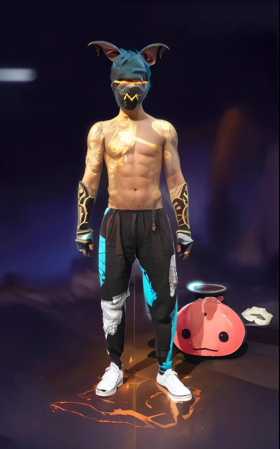 A guy with bat ears on his head. His body have a gold tattoo
