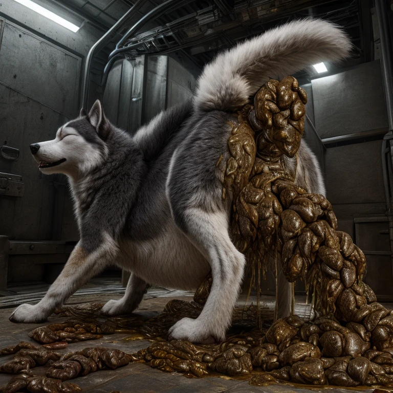 A hyper realistic, ultra detailed image of a husky, fat, (((((feral, husky, solo, ass up raised leg, eyes closed, huge belly, canine penis, excessive urine))))), realistic, detailed background, (saliva:0.8), on a klingon star ship, freighter. ((((hyper canine penis, feral standing with raised leg, hyper balls, feral, excessive anal scat, spreading legs, excessive hyper anal feces))))