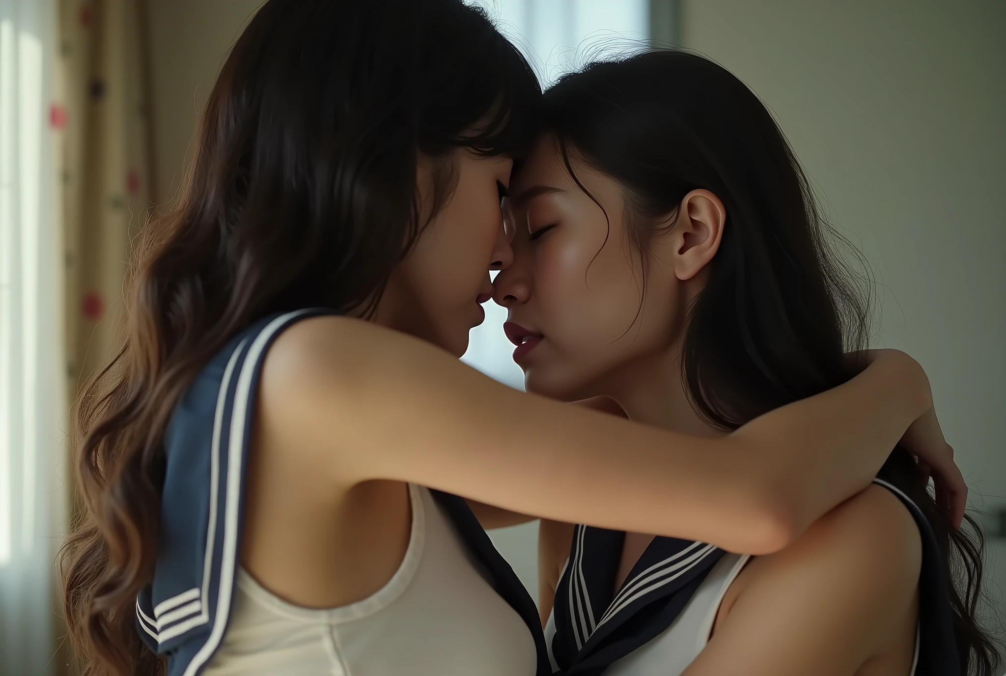 (Two women entwined in a passionate embrace:1.21), (((A photo of two women engaging in lesbian sex.))), Photorealistic Realism 8K, 16K quality, (Extremely detailed depiction, Hyper Resolution, Crisp and sharp focus, Famous private high school girls in Tokyo, sailor uniform:1.21, Sailor uniforms from famous high schools, Upper body fully clothed, The lower body is underwear, (((A documentary photo of two lesbians))), (((Joyful female homosexuals))), Two high school girls lesbian, Lesbians in love, Two women who can't imagine sex as anything other than lesbian, Beautiful young detailed face, Flat Chest, Wearing micro panties, Lace trim, Focus on the low cut of her panties, (((Fucking in cowgirl position))), Intense, Wet crotch, Camel Toe, Toned Abs, Round ass, Thin thighs, Sad face, Worried face, Real Girl, (((One of them is trying to remove her bra and panties.))), Intense lesbian sex:1.37, Body and breast contact,