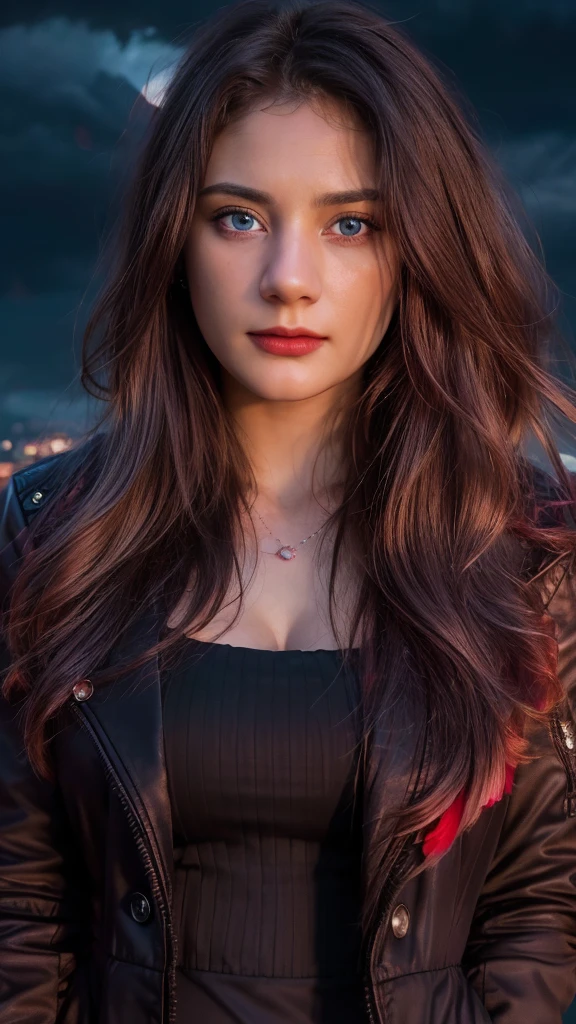 masterpiece, best quality,, sexy women, (colorful),(finely detailed beautiful eyes and detailed face),cinematic lighting,bust shot,extremely detailed CG unity 8k wallpaper,wavy hair,solo,angry face,red dress,((flying petal)), sky, cloudy_sky, building, moonlight, moon, night, (dark theme:1.3), light, fantasy,