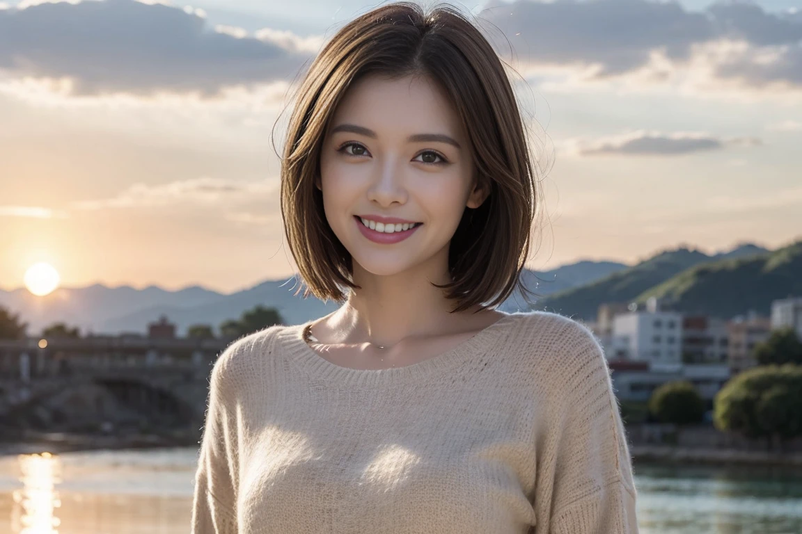 (Realistic:1.1),(masterpiece,Highest quality),8k,(49 years old), 53 years old, ベリーslimボディ、slimカップル、Tight waist,Upper Body,sashimi、Tempura、Japanese sake、Shochu 、Amazing view of the sunset sky and clouds、Perfect Anatomy, Brown Hair, short hair,Random Hairstyles,((Highly detailed face and eyes:1.2)),Perfect golden ratio face,Long sleeve shirt、dress,(smile:1.2)、Shortcuts、cute、(Realistic, Intricate details:1.2), A bright smile、short hair,Bright Face、Champagne、sparkling wine、(slimな顔), (The body is slim), (Brown Hair), (Shortcuts), Upper Body, slim, wine glass,