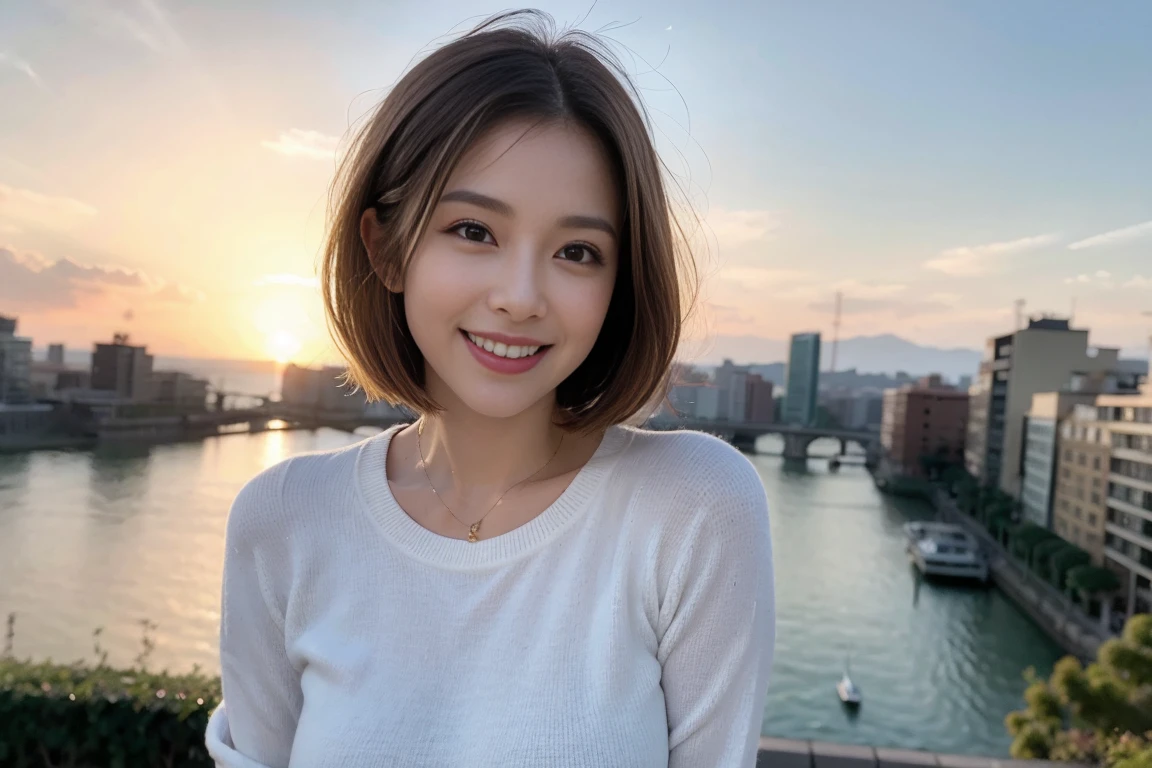 （Realistic:1.1）,(masterpiece,Highest quality)，8k,(49 years old), 53 years old, ベリーslimボディ、slimカップル、Tight waist,Upper Body,sashimi、Tempura、Japanese sake、Shochu 、Amazing view of the sunset sky and clouds、Perfect ???????, Brown Hair, short hair,Random Hairstyles,((Highly detailed face and eyes:1.2))，Perfect golden ratio face，Long sleeve shirt、dress,(smile:1.2)、Shortcuts、cute、(Realistic, Intricate details:1.2), A bright smile、short hair,Bright Face、Champagne、sparkling wine、(slimな顔), (The body is slim), (Brown Hair), (Shortcuts),  Upper Body, slim, wine glass, 