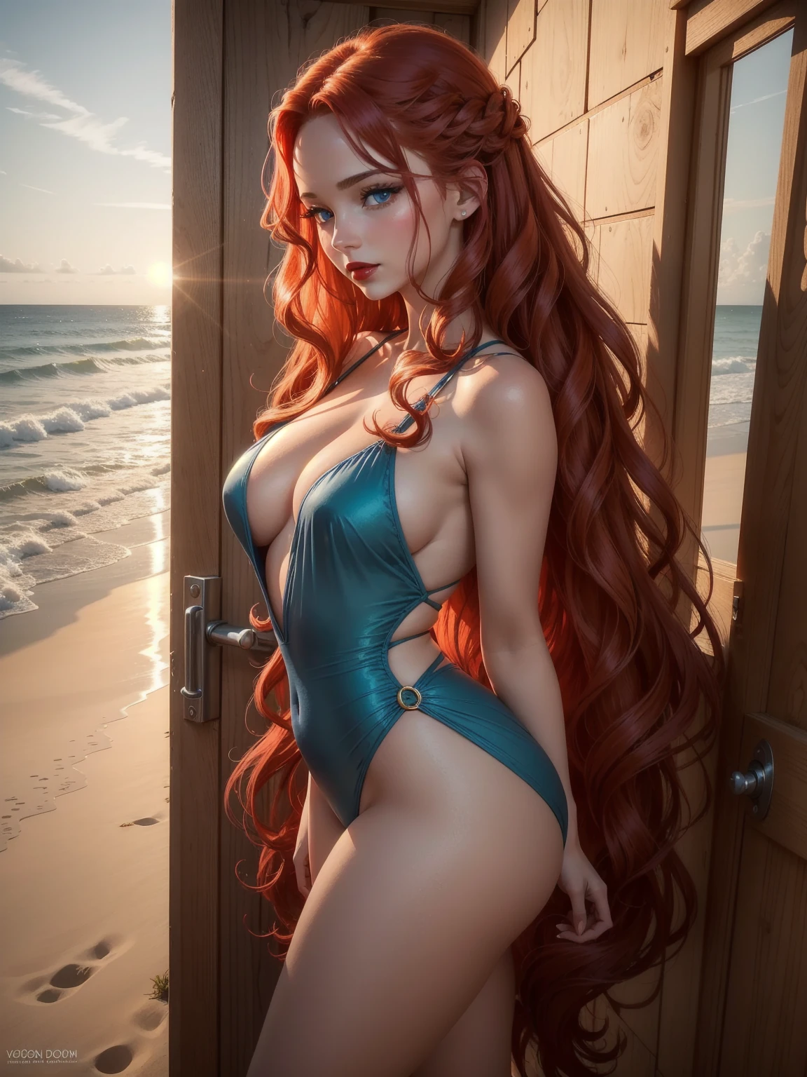 A stunning woman stands in a beach house, gazing out at the ocean from a side angle. Her long, wavy red hair is illuminated by the sunlight, creating a fiery halo around her head. She is wearing a provocative romper that accentuates her curves and reveals a tantalizing cleavage. Her eyes are a striking, icy blue, and her full, red lips add to her captivating allure. The background features the serene sea, with gentle waves lapping at the shore, and the warm light of the setting sun casting a golden glow over the entire scene.
