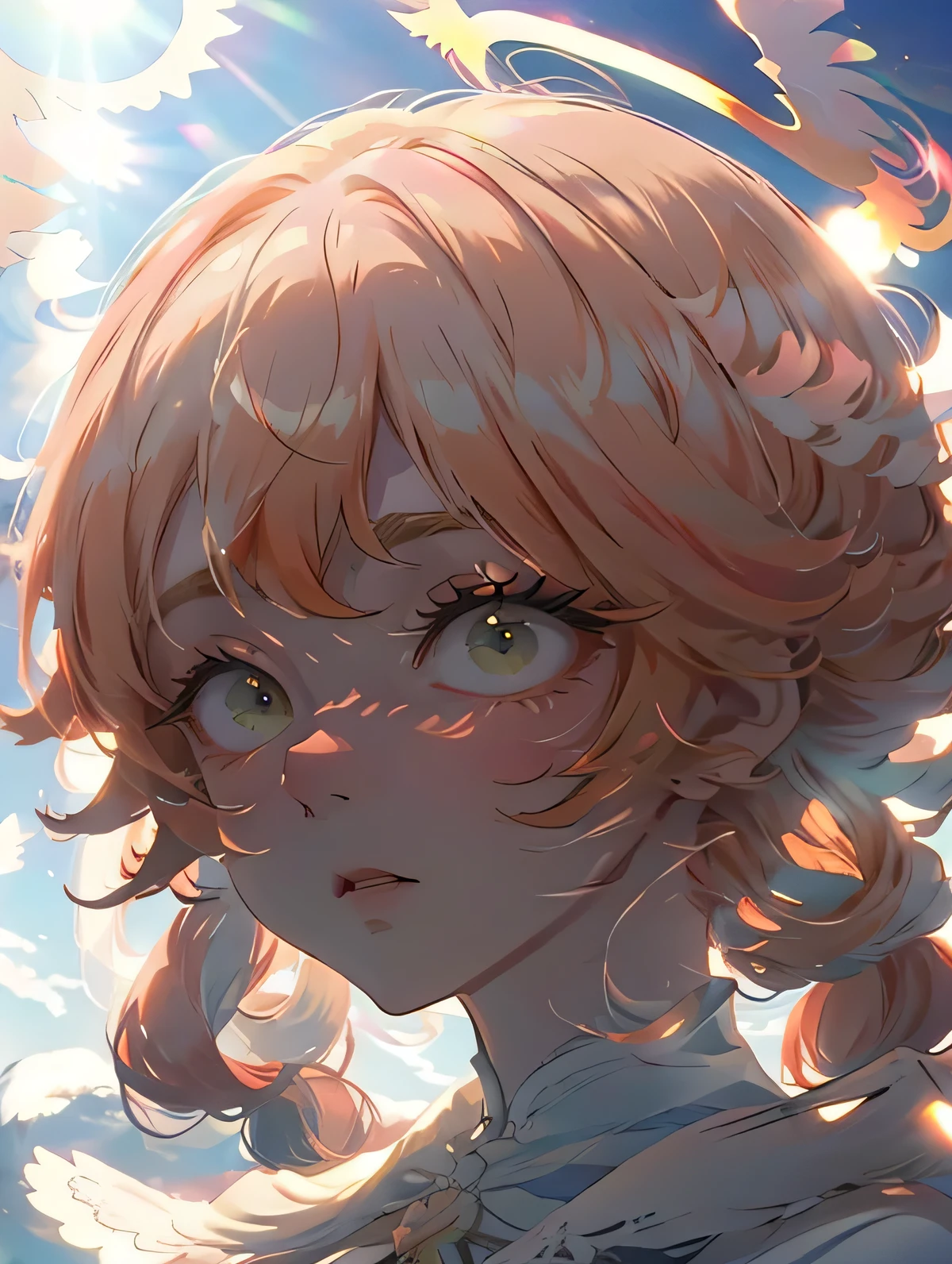 (high quality) (best quality) (a woman) (correct physiognomy) (perfect students) (perfect eyes) anime woman, long fluffy deep orange hair, green eyes, sensitive lips, feminine appearance, soft facial features, eyebrows thin, soft skin, rosy cheeks, pink lips, silky eyelashes, dreamy expression, Orange hair, middle age, in the middle of nature, cute anime animation style, photo illuminated by sunlight,