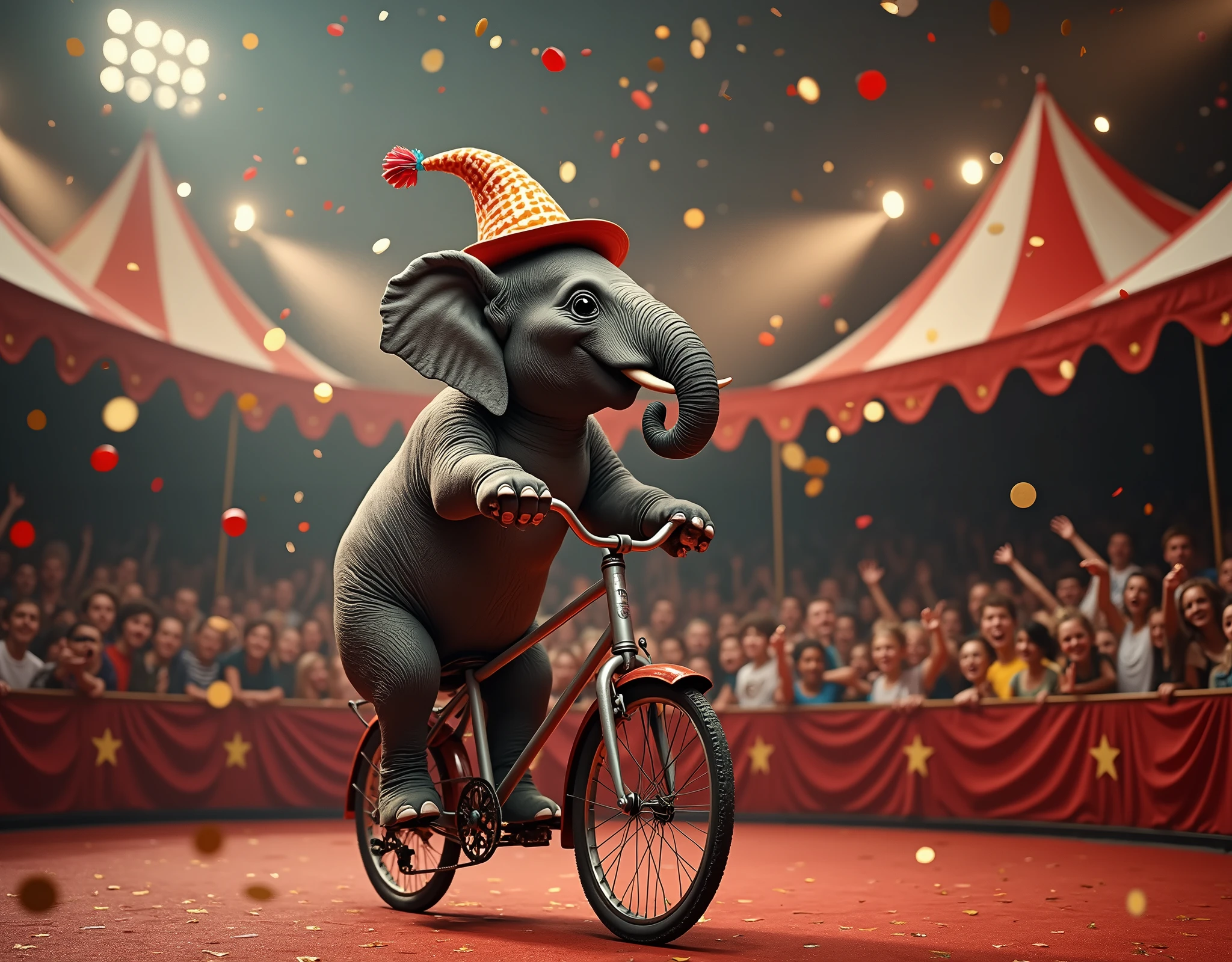 circus scenery,  elephant Riding a old style Bicycle, wearing clown hat ,spot lighting, audience in circus tent background,
Confetti is falling