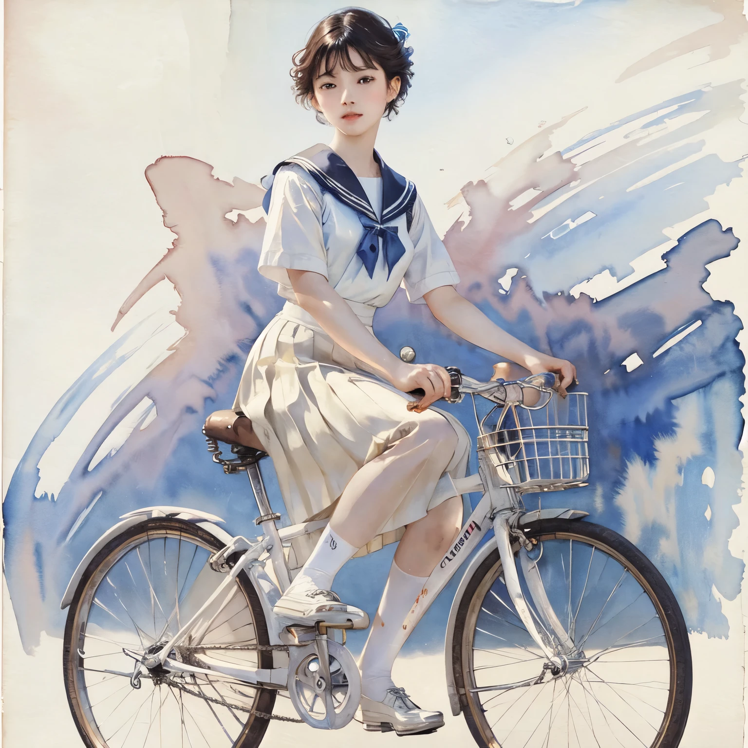 (Watercolor of singer Sargent)、Impressionist style painting、(Highest quality、masterpiece)、(One person riding a bicycle、alone、whole)、(Detailed facial depiction、Have a look at this)、short hair、White Sailor Suit、uniform、Long skirt、Pleated skirt、shoes、(Vintage、Classic)、(No background)、((White Background))、Blur the background、