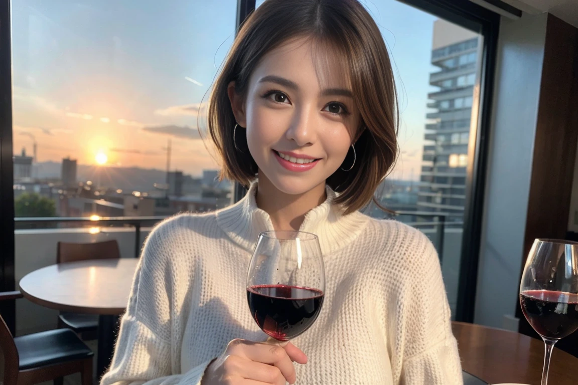 (Realistic:1.1),(masterpiece,Highest quality),8k,(49 years old), 53 years old, ベリーslimボディ、slimカップル、Tight waist,Upper Body,full-course dinner、wine 、Amazing view of the sunset sky and clouds、Perfect Anatomy, Brown Hair, short hair,Random Hairstyles,((Highly detailed face and eyes:1.2)),Perfect golden ratio face,Long sleeve shirt、dress,(smile:1.2)、Shortcuts、cute、(Realistic, Intricate details:1.2), A bright smile、short hair,Bright Face、赤wine 、Appetizers、Italian food、wine bottle、Champagne、スパークリングwine、(slimな顔), (The body is slim), (Brown Hair), (Shortcuts), Upper Body, 白wine, slim, wineグラス,