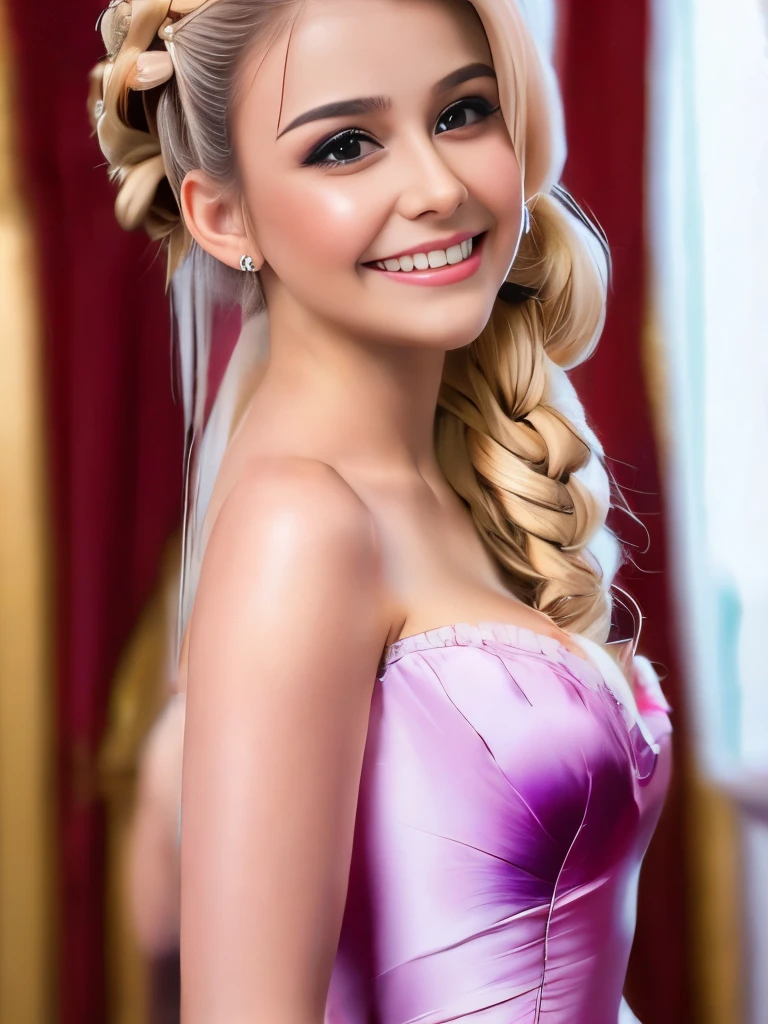 Realistic photo of (1 cute actress) long straight hair, thin makeup, medium breasts, long dress, close up, Canon EOS clear facial features 8K high resolution, sharp detail, realistically