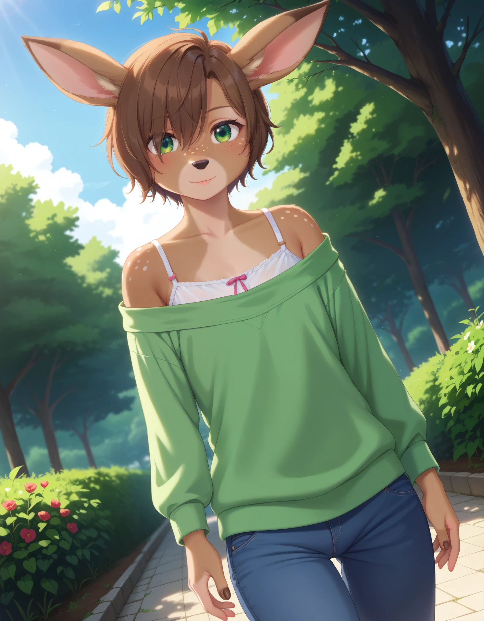 Solo, 1girl, female, lotte, deer girl, furry female, body fur, animal nose, snout, animal ears, green eyes, brown hair, short hair, freckles, cute face, perfect anatomy, detailed skin, detailed eyes, perfect hands, perfect face, flat chest, hair over one eye, BREAK sweater, long sleeves, off-shoulder shirt, pants, BREAK outdoors, park, colorful, sunset, looking at viewer, dutch angle, BREAK ((ultra-detailed)), ((best quality)), ((best quality)), ((beautiful eyes)), ((extremely detailed)), 4K, (8K), best quality, (beautiful), Master piece, highres, score_9, score_8_up, score_7_up, colorful, best quality, official art, highres, masterpiece, nai3, god light, detailed background, high quality background, very aesthetic, absurdres, 