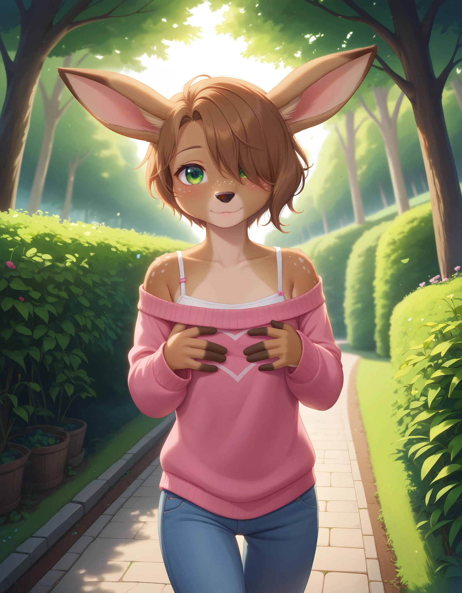 Solo, 1girl, female, adult, lotte, deer girl, furry female, body fur, animal nose, snout, animal ears, green eyes, brown hair, short hair, freckles, cute face, perfect anatomy, detailed skin, detailed eyes, perfect hands, perfect face, small breast, hair over one eye, BREAK sweater, long sleeves, off-shoulder shirt, pants, BREAK outdoors, park, colorful, sunset, looking at viewer, dutch angle, BREAK ((ultra-detailed)), ((best quality)), ((best quality)), ((beautiful eyes)), ((extremely detailed)), 4K, (8K), best quality, (beautiful), Master piece, highres, score_9, score_8_up, score_7_up, colorful, best quality, official art, highres, masterpiece, nai3, god light, detailed background, high quality background, very aesthetic, absurdres, 