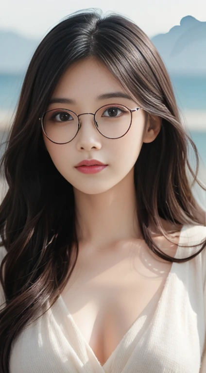 Watercolor style、Long Black Hair、Random wavy hair、Beautiful Japan、Round glasses with a golden frame、Soft Light、Watercolors、Bright colors、Abstract、Digital Art