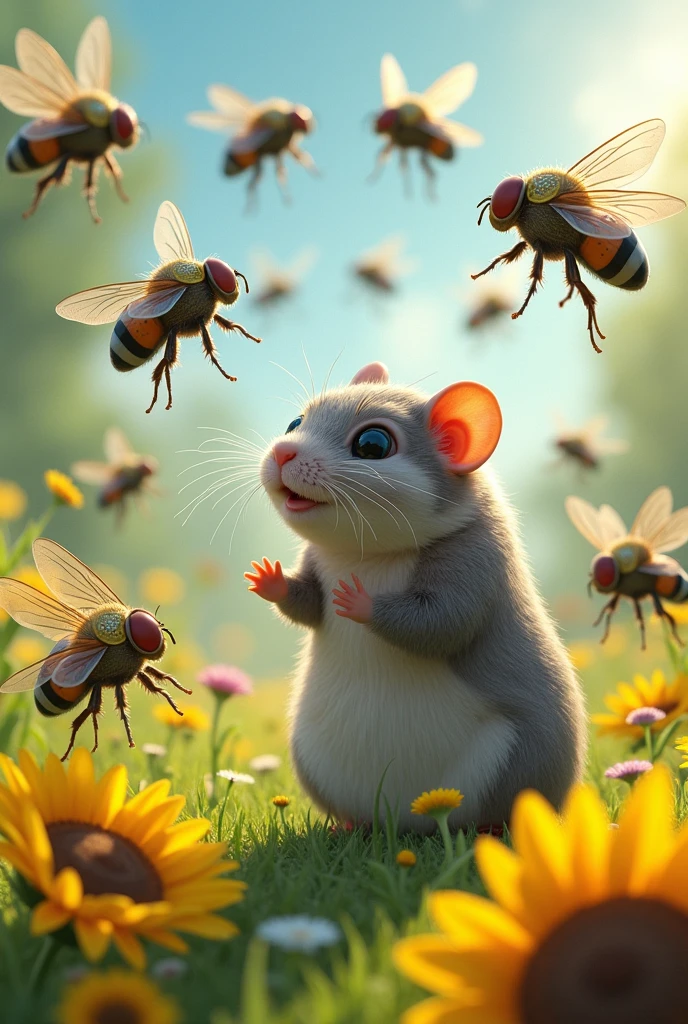 A battle between 7 flies wearing armor against a sweet grey hamster