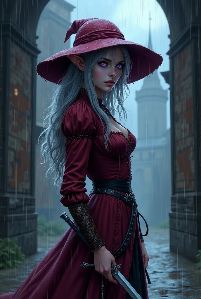 (Ultra-detailed face, looking away, Fantasy Illustration with Gothic, Ukiyo-e, Comic Art, Rich colors), BREAK (This is the city of the legend of Dracula in medieval Eastern Europe. Black rain clouds are always gathering and it rains incessantly. People are frightened and stay inside their houses.), BREAK (DarkElves: A young-aged dark elf woman with silver color hair, blunt bangs, very long disheveled hair and dark purple color skin, lavender color eyes), BREAK (A female vampire hunter, a dark elf, wears a large red brimmed breton, a traditional Victorian wine colored blouse and skirt, and laced sandals.), BREAK (A dark elf female vampire hunter stands by the city's dilapidated gate, drenched in rain, holding a silver dagger and rosary.), (Heavy rain, drenched with rain.)