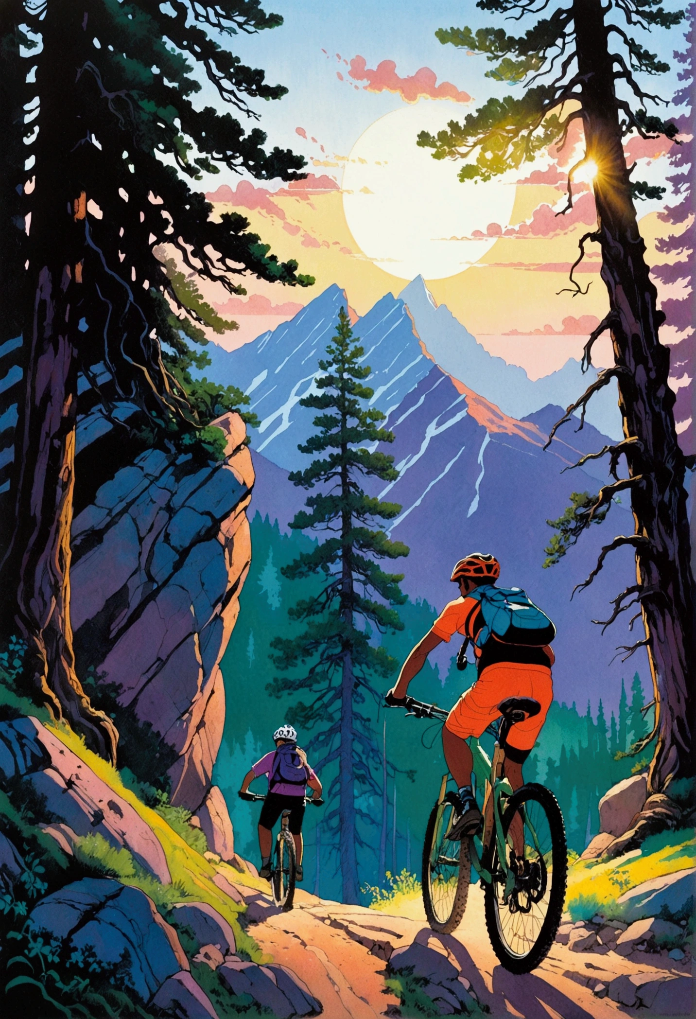 ([negative space:0.8:1.5]), [shsw:0.8], A detailed scene depicting the sport of mountain biking at dusk. In the foreground, a middle-aged Hispanic male is expertly navigating a rocky terrain, muscles working hard as he pedals uphill, determination visible on his face. Behind him, a younger Black female cyclist is following closely, her enthusiasm matching the rigorous trail. Their brightly colored gear contrasting with the fading sunlight on the rugged mountainous backdrop specked with tall, verdant green pine trees. The evening sky is painted with hues of orange, purple, and pink, casting long shadows and adding to the feeling of adventure and challenge, colorful cartoon-style illustration from an award winning animated movie, illustrated in bold outlines, showcasing its colors and shapes. The character is depicted adorned colorful energy against a white background, [mythical creature:0.8]