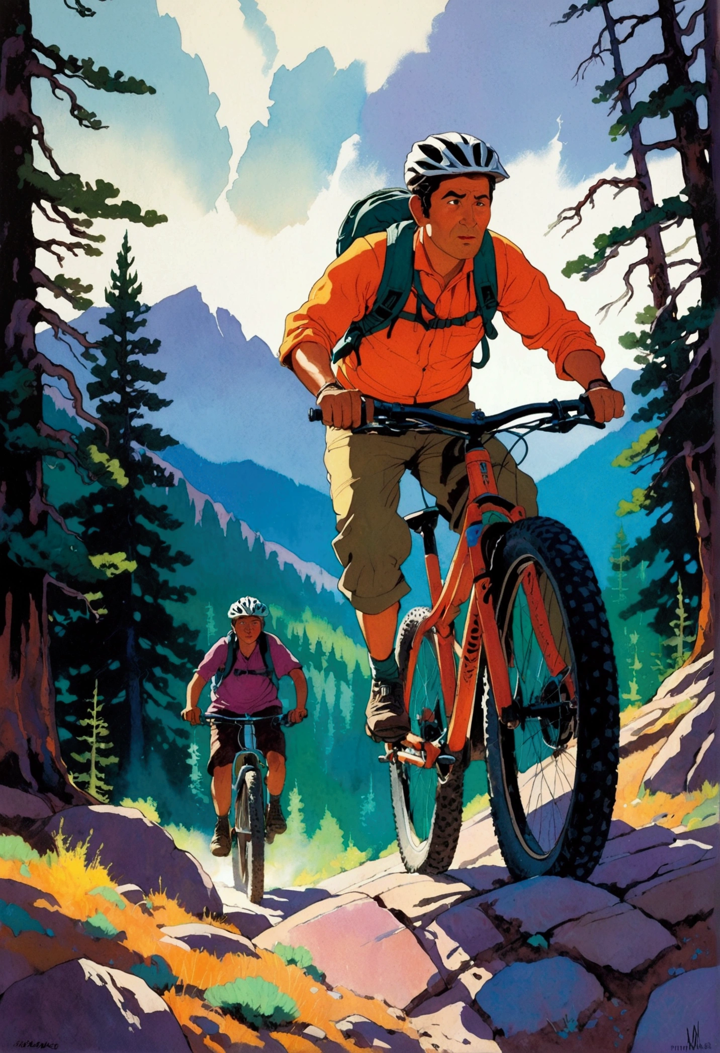 ([negative space:0.8:1.5]), [shsw:0.8], A detailed scene depicting the sport of mountain biking at dusk. In the foreground, a middle-aged Hispanic male is expertly navigating a rocky terrain, muscles working hard as he pedals uphill, determination visible on his face. Behind him, a younger Black female cyclist is following closely, her enthusiasm matching the rigorous trail. Their brightly colored gear contrasting with the fading sunlight on the rugged mountainous backdrop specked with tall, verdant green pine trees. The evening sky is painted with hues of orange, purple, and pink, casting long shadows and adding to the feeling of adventure and challenge, colorful cartoon-style illustration from an award winning animated movie, illustrated in bold outlines, showcasing its colors and shapes. The character is depicted adorned colorful energy against a white background, [mythical creature:0.8]