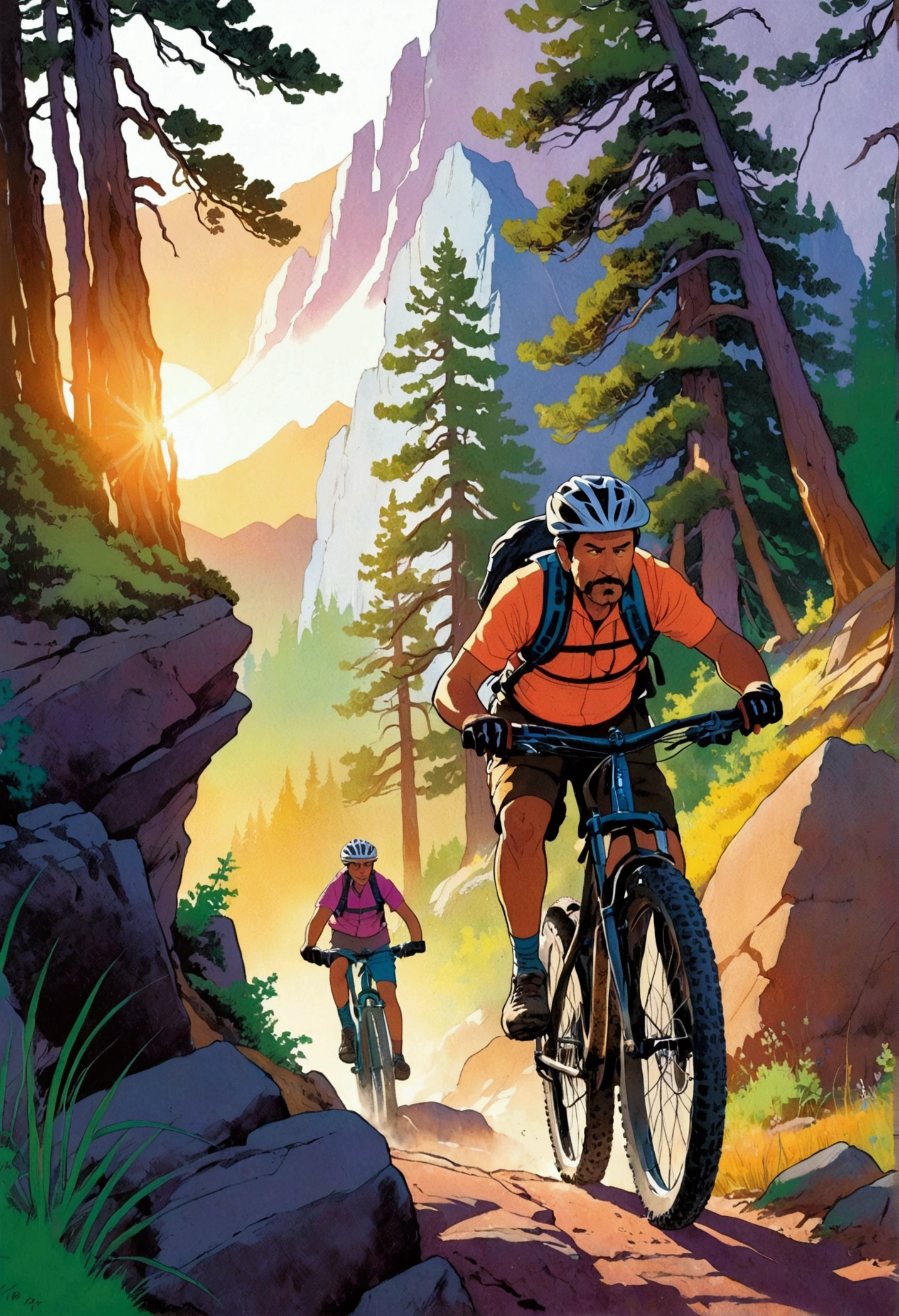 ([negative space:0.8:1.5]), [shsw:0.8], A detailed scene depicting the sport of mountain biking at dusk. In the foreground, a middle-aged Hispanic male is expertly navigating a rocky terrain, muscles working hard as he pedals uphill, determination visible on his face. Behind him, a younger Black female cyclist is following closely, her enthusiasm matching the rigorous trail. Their brightly colored gear contrasting with the fading sunlight on the rugged mountainous backdrop specked with tall, verdant green pine trees. The evening sky is painted with hues of orange, purple, and pink, casting long shadows and adding to the feeling of adventure and challenge, colorful cartoon-style illustration from an award winning animated movie, illustrated in bold outlines, showcasing its colors and shapes. The character is depicted adorned colorful energy against a white background, [mythical creature:0.8]