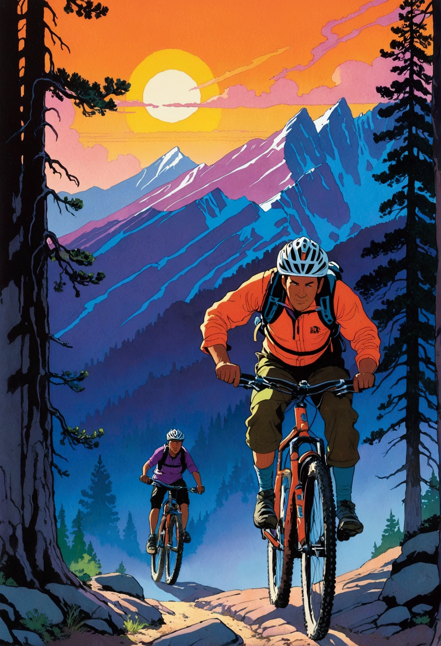 ([negative space:0.8:1.5]), [shsw:0.8], A detailed scene depicting the sport of mountain biking at dusk. In the foreground, a middle-aged Hispanic male is expertly navigating a rocky terrain, muscles working hard as he pedals uphill, determination visible on his face. Behind him, a younger Black female cyclist is following closely, her enthusiasm matching the rigorous trail. Their brightly colored gear contrasting with the fading sunlight on the rugged mountainous backdrop specked with tall, verdant green pine trees. The evening sky is painted with hues of orange, purple, and pink, casting long shadows and adding to the feeling of adventure and challenge, colorful cartoon-style illustration from an award winning animated movie, illustrated in bold outlines, showcasing its colors and shapes. The character is depicted adorned colorful energy against a white background, [mythical creature:0.8]