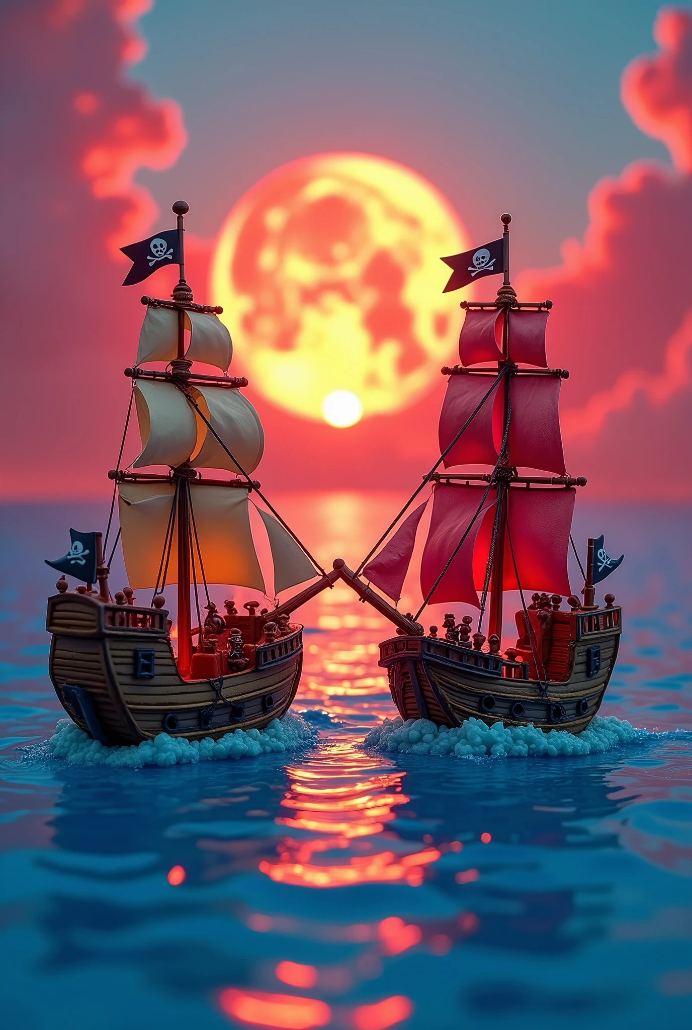 a boat at sea, with the theme or style of the cover of the Gorillaz album “Plastic Beach”, without people, two pirate ships, and this being assembled on a plasticine model. All this is made of plasticine.
Adding a reddish sunset, and these two ships going towards the sunset, from the perspective of behind the ships, going towards the red moon, play-doh everything, the ships have to be praising each other as if they were on different courses from each other, but not too far apart yet, this is from the rear perspective as if the ships were heading towards the setting of the mime moon