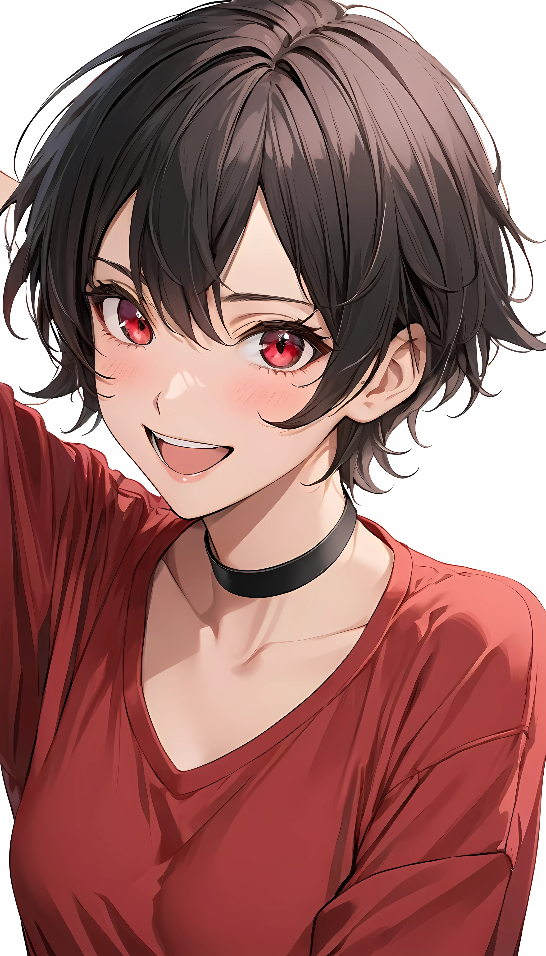 High-resolution anime digital art, Masterpiece, upper body, tomboy, mature, sexy, smart, short hair color pitch black, real detail eyes pupil red, long sleeve red plain shirt, black chokers, Happy face excited (simple background, white background)