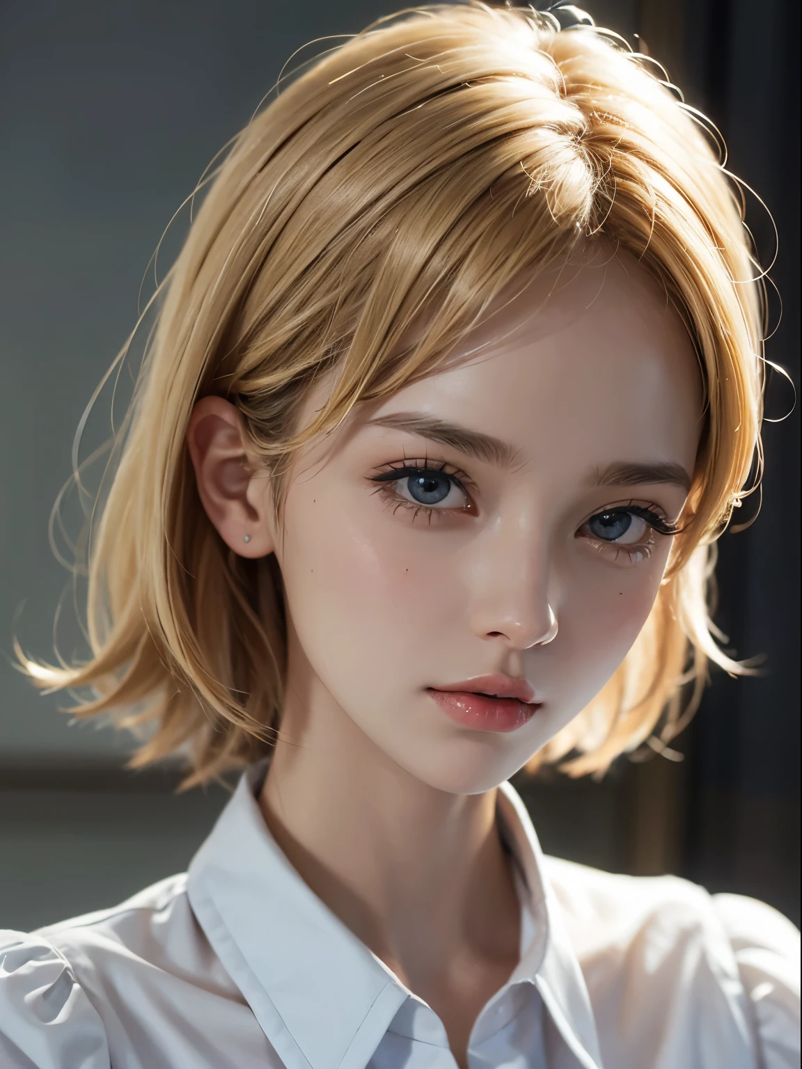 1 girl, adult woman, Solo, Best Quality, Ultra-detailed, 8K, High resolution, detailed face, detailed lips, blonde hair, short hair, hair intake, 1990s_(style), collared shirt, frilled shirt, grace,