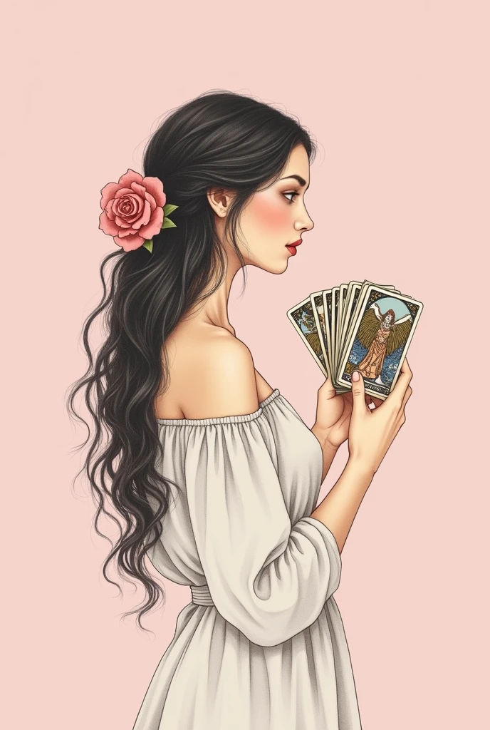 minimalistic drawing. facefocus. GYPSY WITH A ROSE IN HER HAIR AND CARDS IN HER HANDS. DRESSED IN PASTEL PINK. SIDE ANGLE.