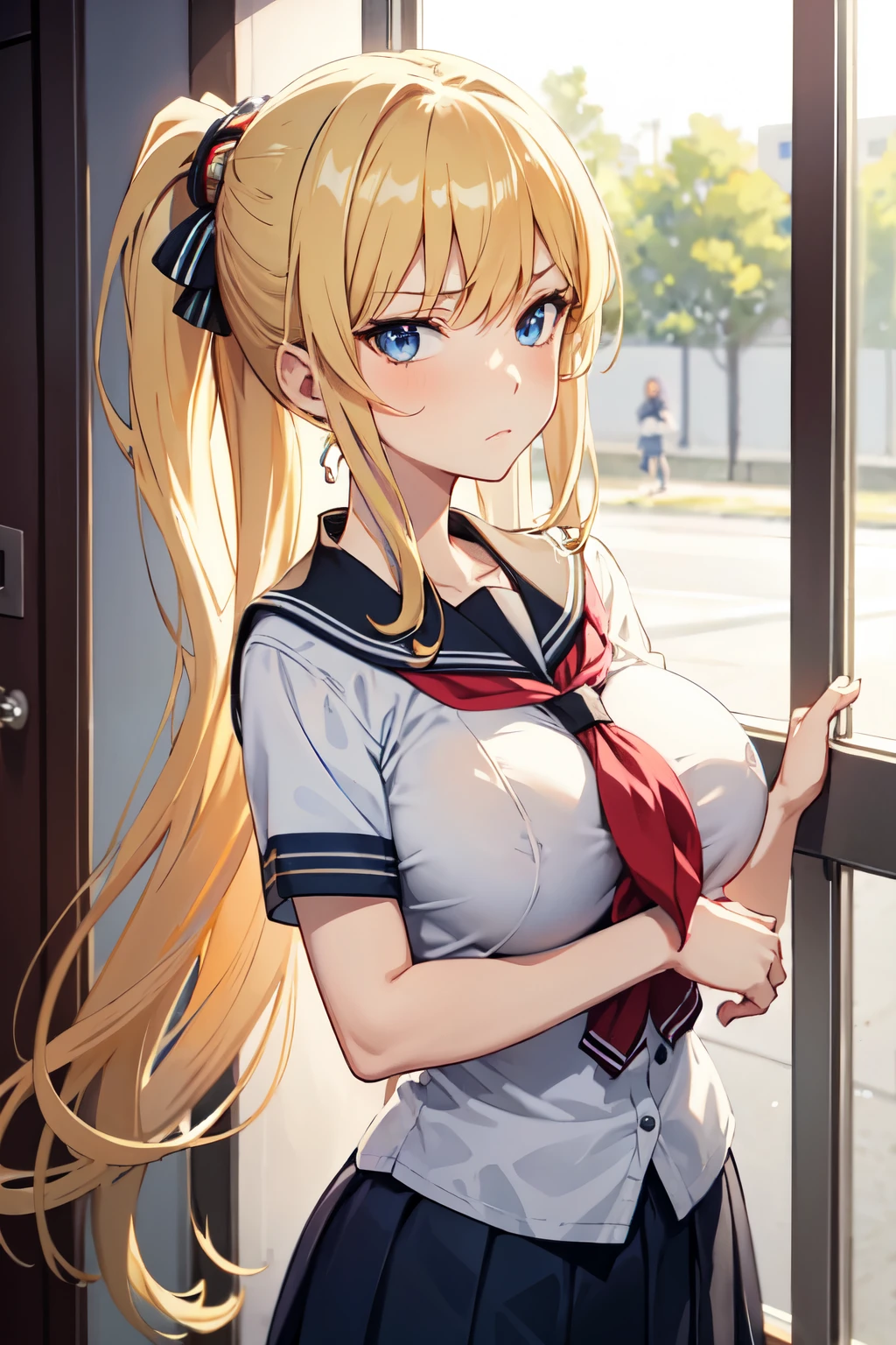 ((schoolgirl)), ((anime)), 1girl, long hair, blond hair, hime cut, 2 sidelocks, stern expression, dark blue eyes, fair skin, big breasts, honor student