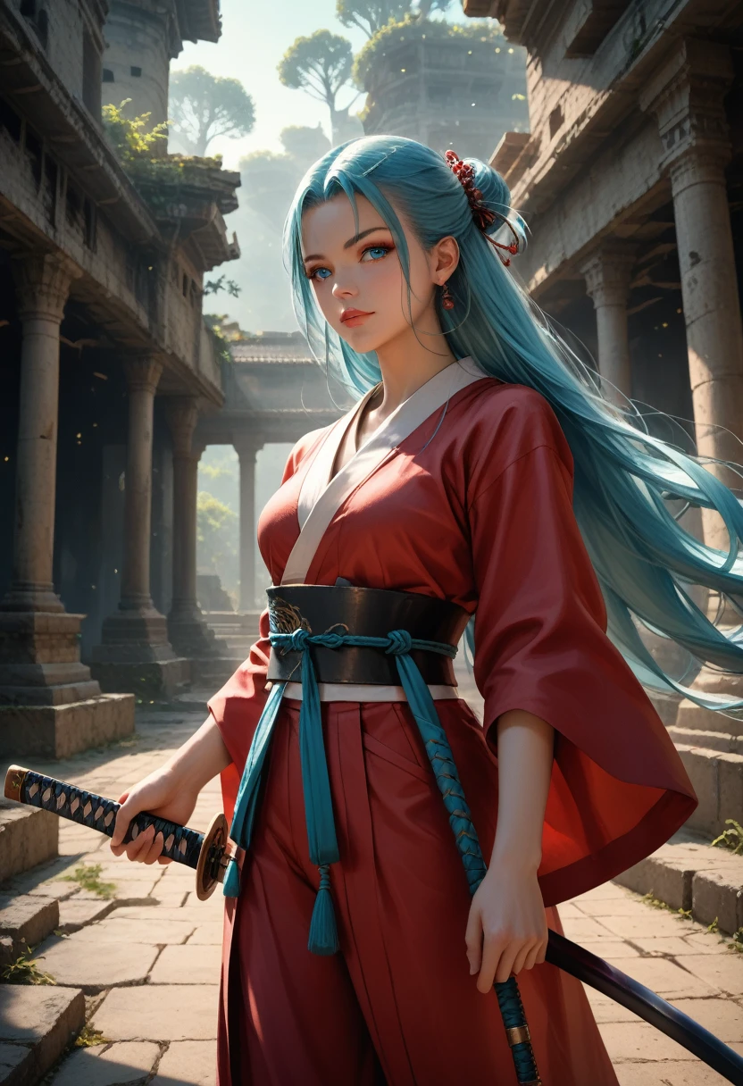 Girl 1, hkwarrior, holding a katana in his hand, Katana Emits a Blue Glow Sharp, beautiful figure, Samurai, Belt of Ropes Interwoven, Light armor, There is an Oni mask hanging on the Belt, Bright Lilac Eyes, long hair, hair of two colors (Red and Series), develop in the wind, Background Ancient Ruins, The Broken Column, Tower, Clear drawing of details, All according to the Author, The Brightest Colors, Fantasy, cinematic film still, score_9, score_8_up,score_7_up, dramatic lighting, highly detailed, high budget,bokeh, cinemascope, epic, gorgeous, film grain, grainy,masterpiece, best quality, perfect anatomy, very aesthetic, official art, 8k, the full picture, full length, Wide Grip,