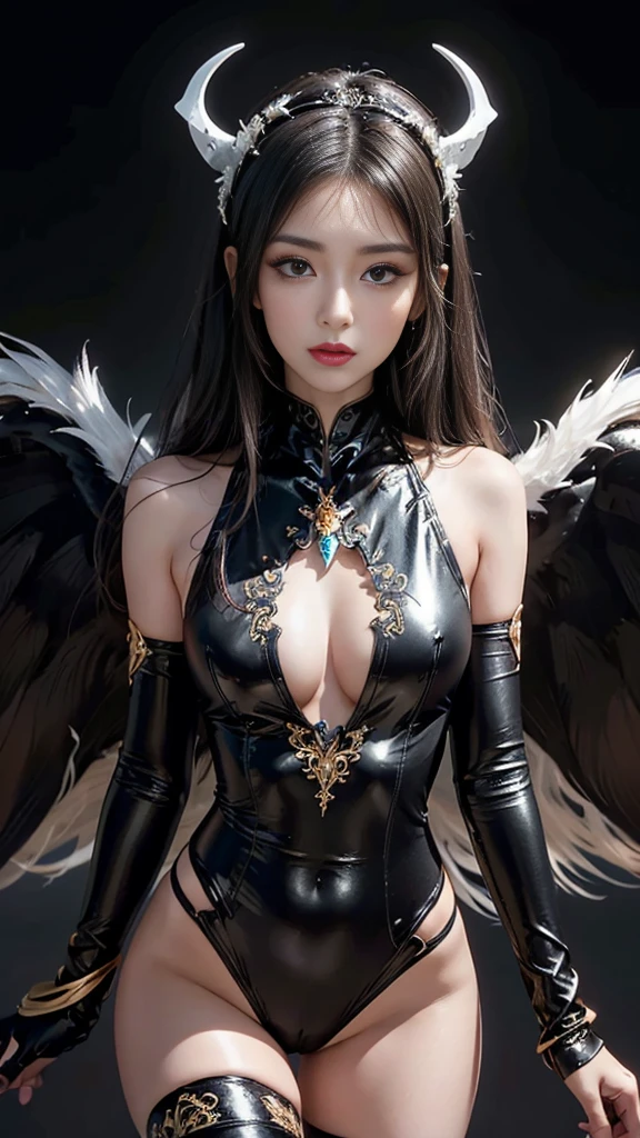 A sleek, sexy bodysuit that strikes a balance between seductive and elegant, blending harmonious and dynamic elements. It incorporates striking details like intricate tattoos, beautiful jewelry, and highly detailed facial features. The main character is a beautiful young woman with two meters of long, sleek black hair, smooth white skin, bright red lips, large breasts, a small waist, lifted hips, and long slender legs. She stands out with a posture that exudes power and majesty. She wears a stunning black and white bodysuit with gold embellishments, emphasizing her sexiness without being vulgar. The subtle armor details add charm to her powerful and captivating appearance. She also has various wings, a total of 12, divided into 6 white angel wings and 6 black demon wings. Each layer has a distinct beauty that sets the angel wings apart from the succubus wings. The character also has horns sprouting from her head, resembling a crown, that emit bright light, both white and black. The backdrop is a dark space that highlights the character, giving the entire image an atmosphere of power and wonder. The rainbow aura surrounding her head and sparkling wings further enhance her beauty and boldness. The entire image is in 16K resolution, revealing every intricate detail of the character, from tattoos and skin to jewelry. The background is a vast depiction of the cosmos, highlighting her grandeur and power. The dynamic posture and embrace of twelve wings create a sense of transcendence, beautifully and powerfully floating in the air..