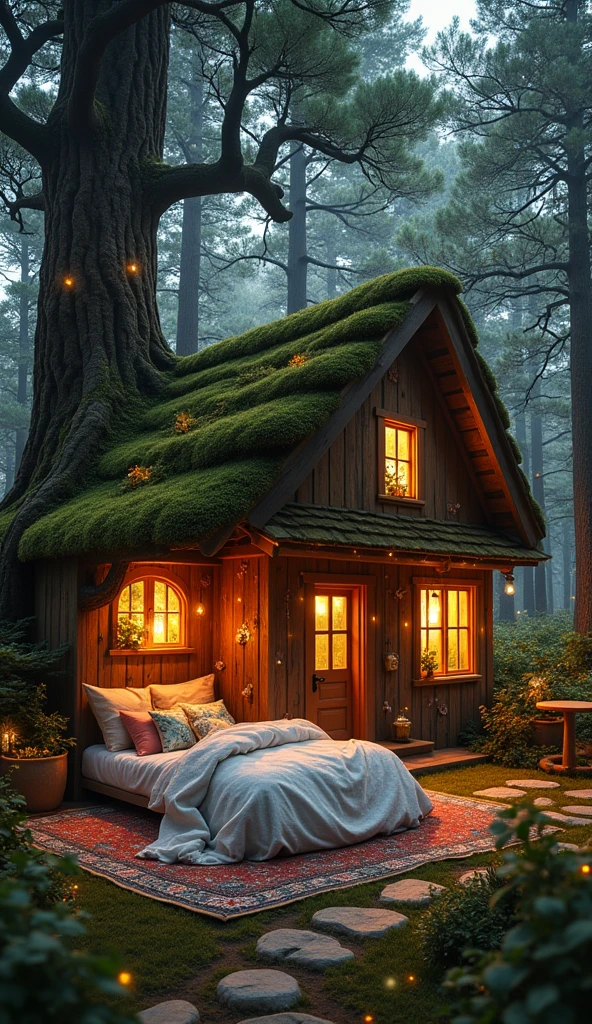 House in the forest　Bed in the house　A cozy space　Fantasy