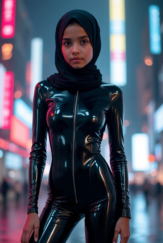 A  girl wearing hijab . Innocent face. Long leg. Wearing full body black latex suit. High quality. High resolution