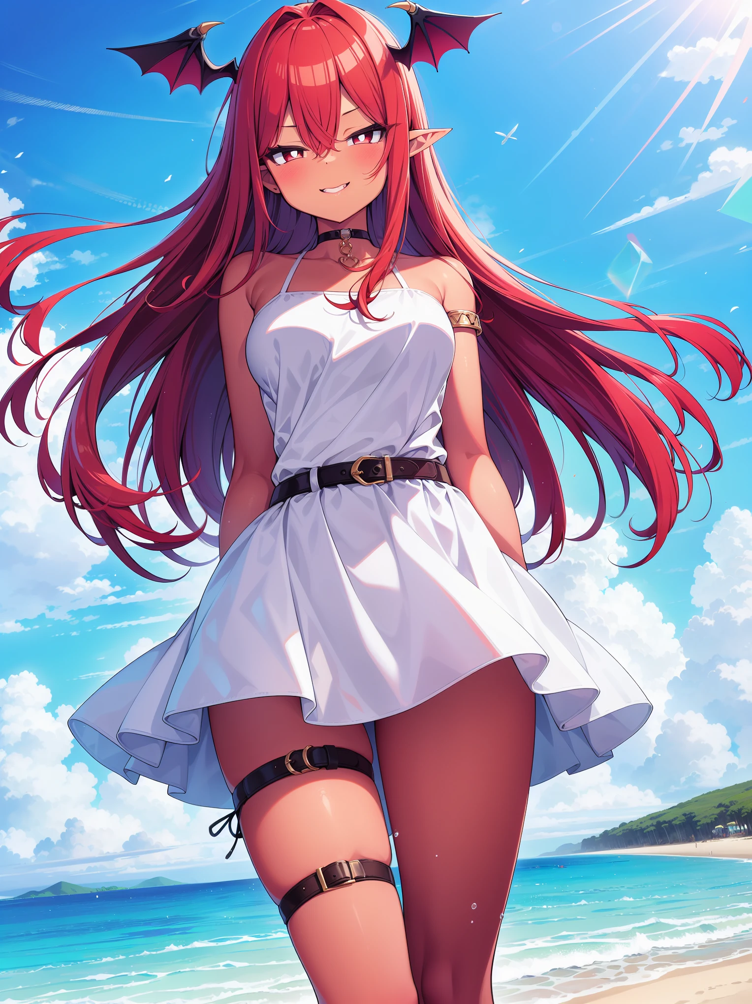 sfw, (cowboy shot), (ultra-high resolution, depth of field:1.2), 1woman, (dark skin:1.1), (light red hair), long hair, red eyes, white pupils, seductive smile, pointy ears, head wings, succubus, choker, bare shoulders, collarbone, (medium breasts), wide hips, belt, sundress, frilled dress, gold bracelet, thigh strap, beach, nearshore sandbar, standing, cowboy shot