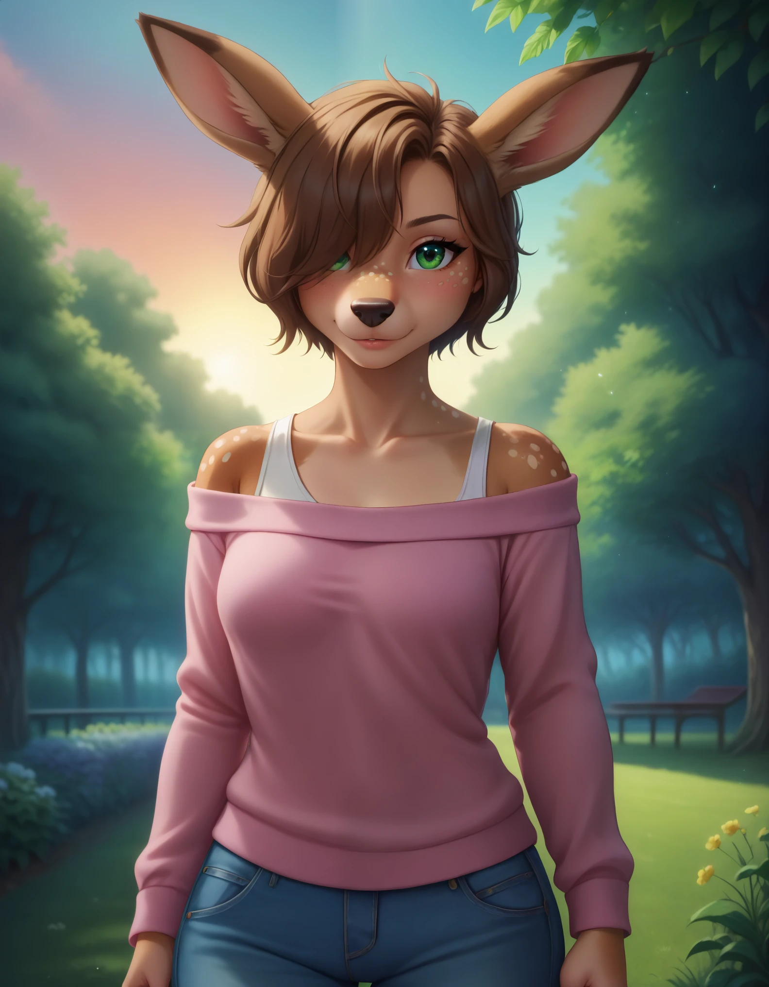 Solo, 1girl, female, adult, lotte, deer girl, furry female, body fur, animal nose, snout, animal ears, green eyes, brown hair, short hair, freckles, cute face, perfect anatomy, detailed skin, detailed eyes, perfect hands, perfect face, small breast, hair over one eye, BREAK sweater, long sleeves, off-shoulder shirt, pants, BREAK outdoors, park, colorful, sunset, looking at viewer, dutch angle, BREAK ((ultra-detailed)), ((best quality)), ((best quality)), ((beautiful eyes)), ((extremely detailed)), 4K, (8K), best quality, (beautiful), Master piece, highres, score_9, score_8_up, score_7_up, colorful, best quality, official art, highres, masterpiece, nai3, god light, detailed background, high quality background, very aesthetic, absurdres, 