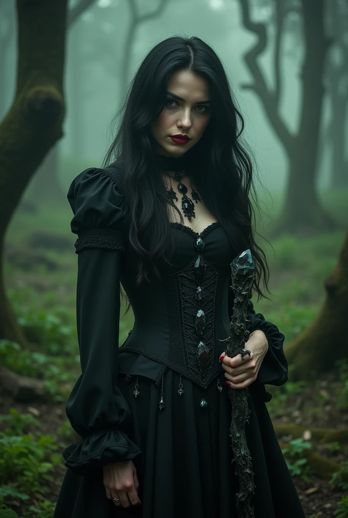 Create an image of a woman with black hair, Red lips, very white and slightly old skin, with malevolent features, wearing a long black medieval-style dress with a corset, with black crystals emerging from her waist, in the midst of a dark forest, surrounded by a green aura emanating from a black staff.