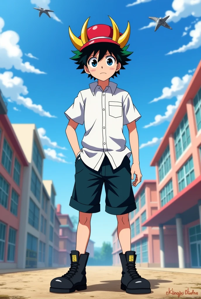 My Hero Academia  has short, spiky black hair, and black eyes, He wears a white collared button-up shirt, dark shorts and black boots. wears a red hat with gold horns that are pointed in the front.  