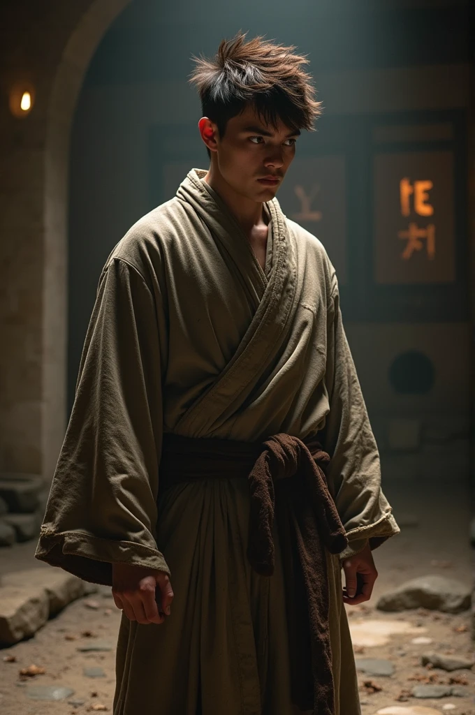 I want a 17-18 year old boy, brunette with short hair, kind of a werewolf, he's a berseker monk, meaning he loves to punch, he's also very strong, he's kind of stressed, He looks mean,