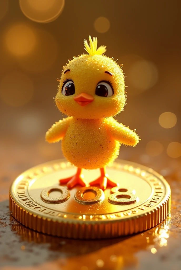 Golden cute chick statue, gold color, Golden character.dourado ouro de desenho animado na gold color brilhante  no centro da moeda frontal, The golden statue of the cute one must be golden ,   write the number 008, write in currency 008