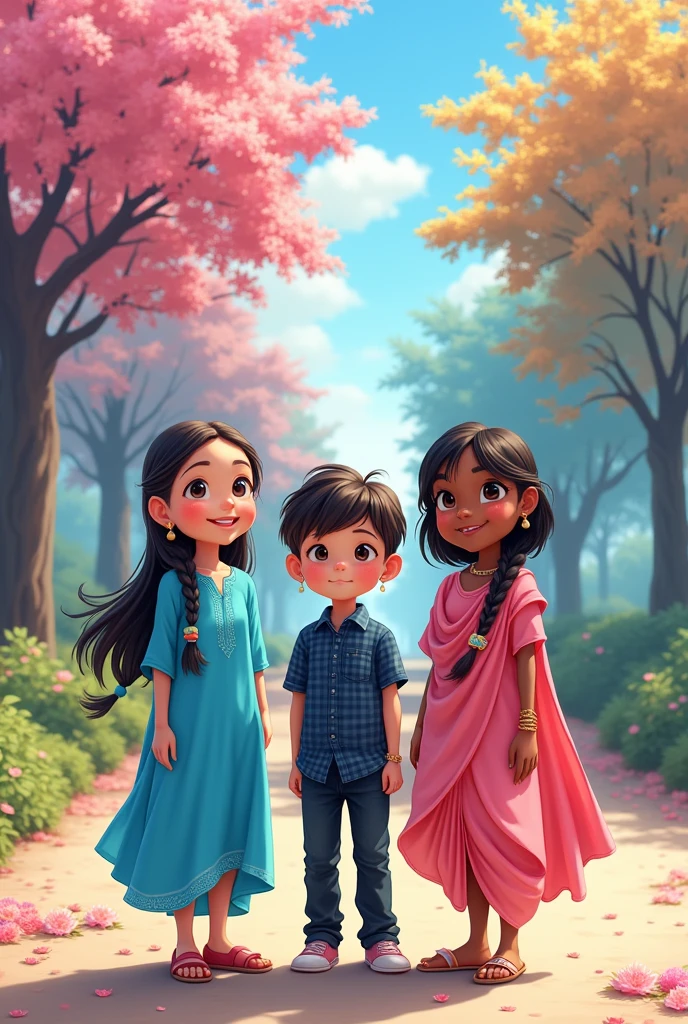 Anime Three cute girls standing on the beautiful road along with flowers blooming in trees on the side of the road, one chubby girl , triangle face cut with very big triangle nose,small height compared to others, very long brided hair upto her hips, little fair indian skin tone, wearing blue kurti with matching small earrings and footwear, another one girl have fair skin stone, slightly tall compared to others, long free hair, chubby girl with round face cut , wearing black jeans and dark blue checked boy's shirt with shoes, watch, last girl have Indian dusky skin tone and slim compared to others, round face cut ,wearing pink chudidar, dupatta with matching earrings and footwear, big nose, they are standing on the beautiful road with blossom trees