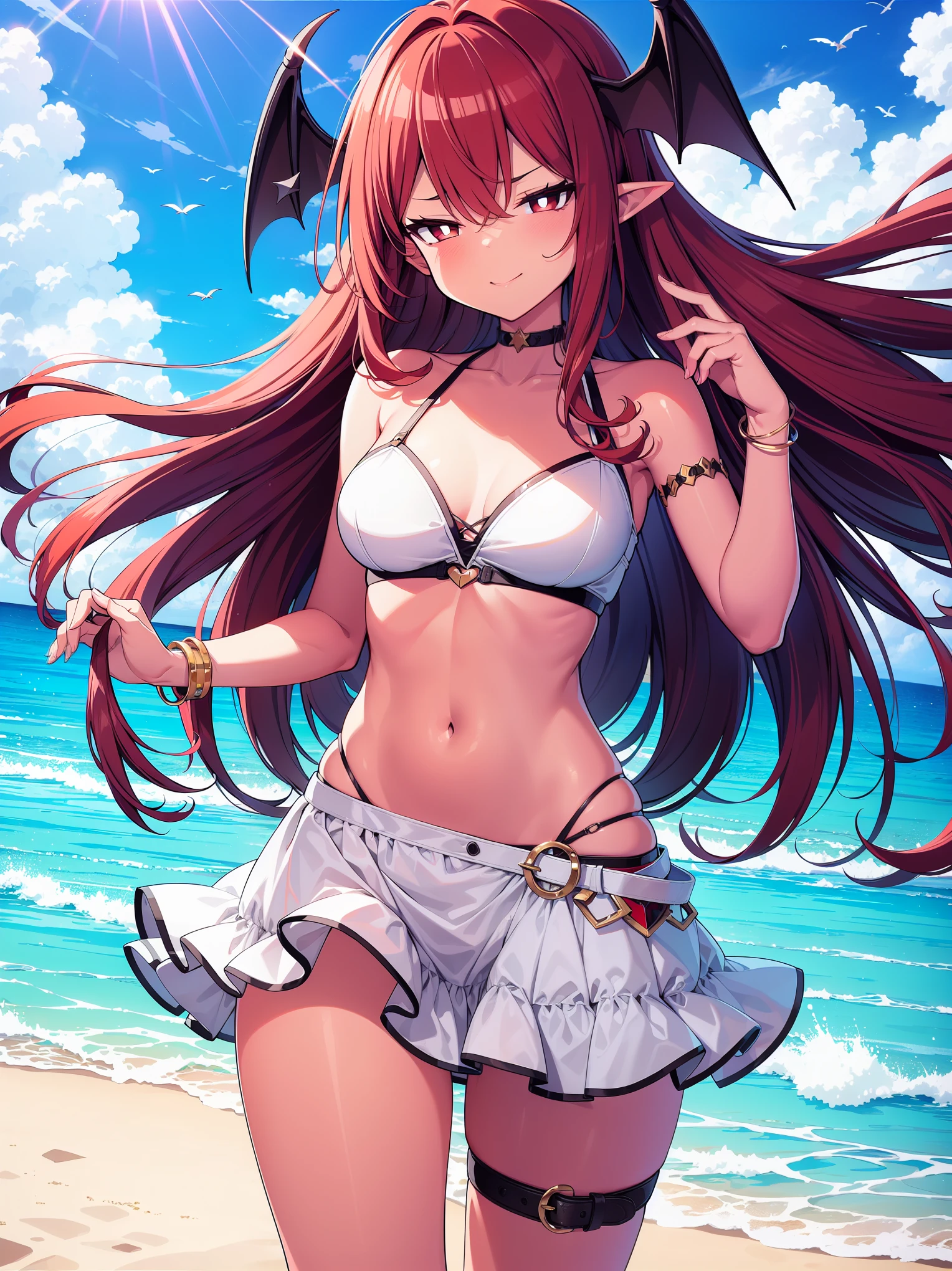 sfw, (cowboy shot), (ultra-high resolution, depth of field:1.2), 1woman, (dark skin:1.1), (light red hair), long hair, red eyes, white pupils, seductive smile, pointy ears, head wings, succubus, choker, bare shoulders, collarbone, (medium breasts), wide hips, belt, sundress, frilled dress, gold bracelet, thigh strap, beach, nearshore sandbar, standing, cowboy shot
