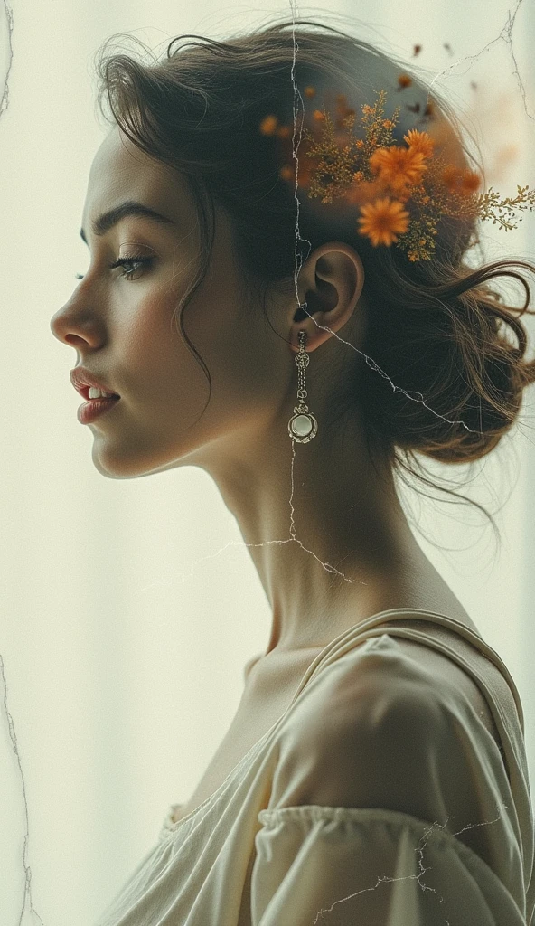 A beautiful woman, double exposure, surreal artwork, printed on cracked paper, artful, aesthetic, muted color scheme, unusual, vintage feel